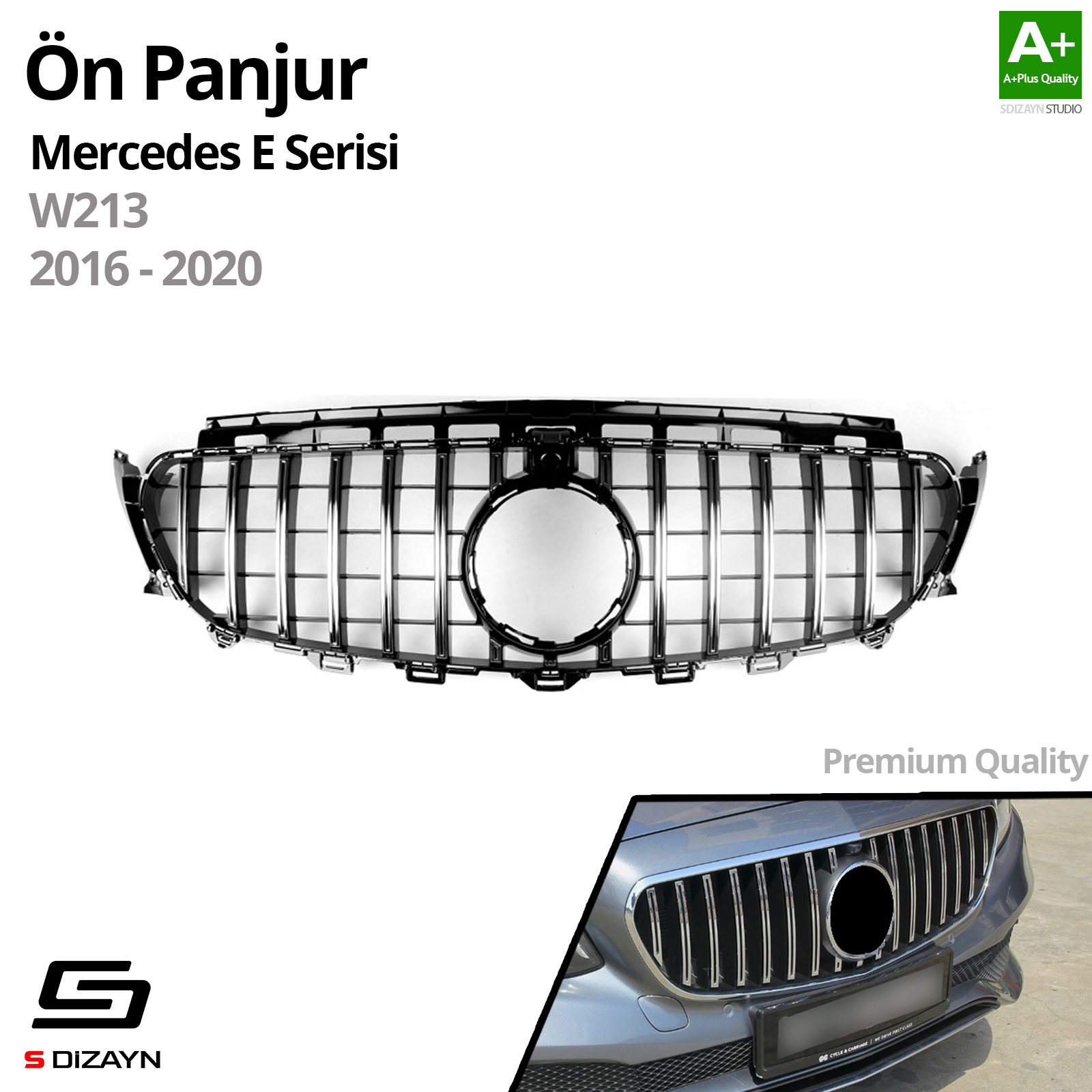 Mercedes E-Class W213 Front Grille Shiny Black Piano Black GTR Model 2016-2020 2
