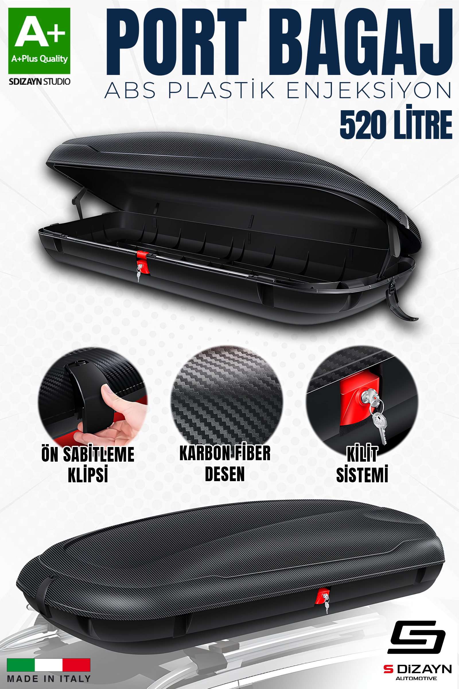 Araç Üzeri Port Bagaj Karbon Fiber Desen 520 Litre Enjeksiyon Plastik 1