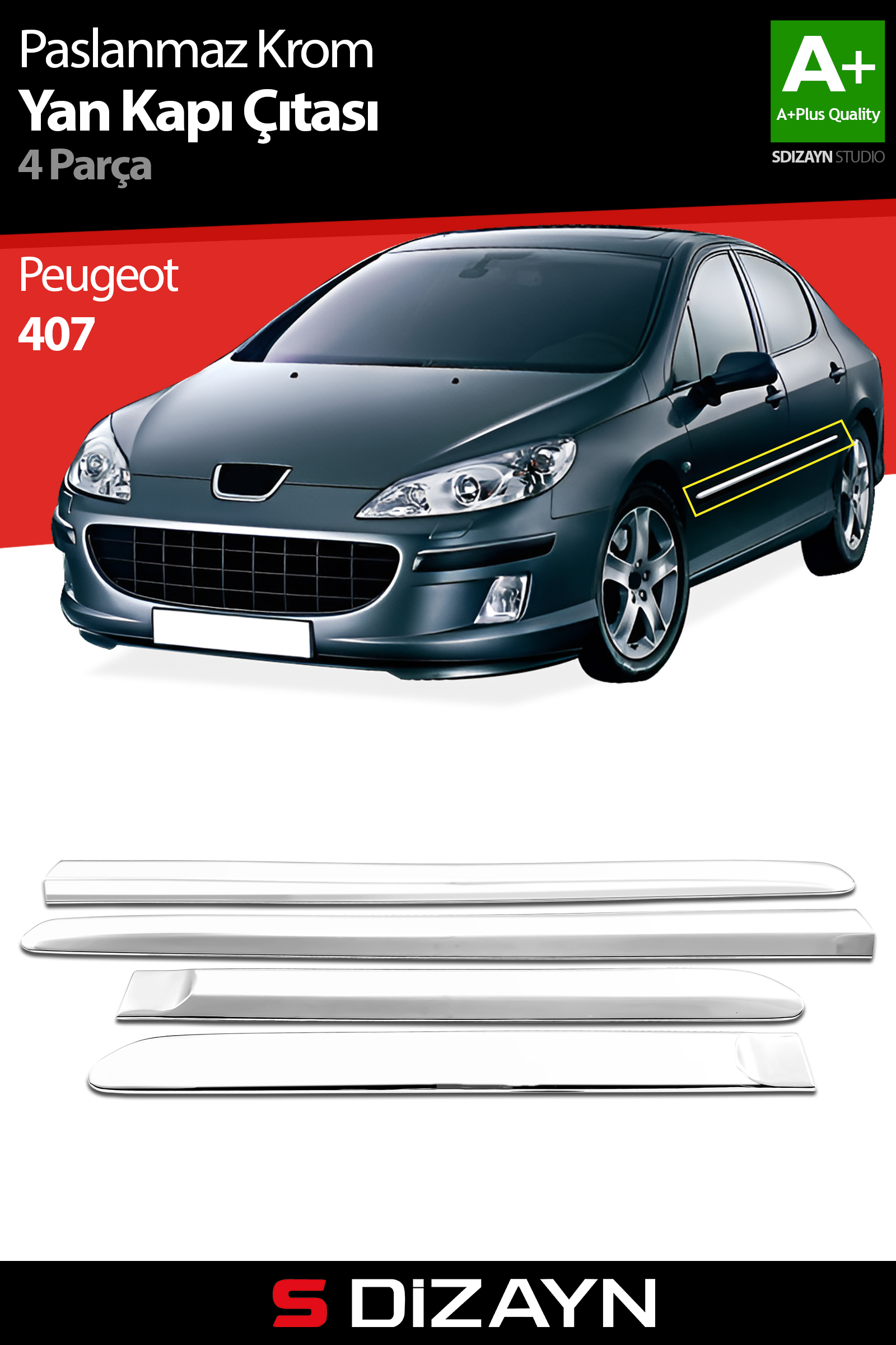 Peugeot 407 Chrome Side Door Trim 4 Piece 2004-2010 1