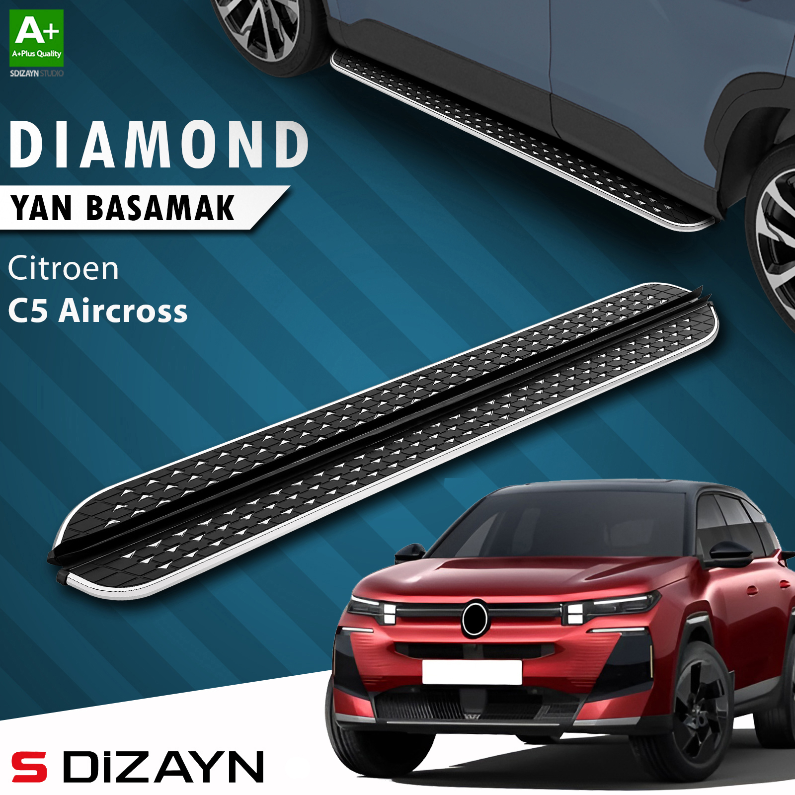 S-Dizayn Citroen E-C5 Aircross Elektrikli Diamond Krom Yan Basamak 193 Cm 2024 Üzeri A+ Kalite 1