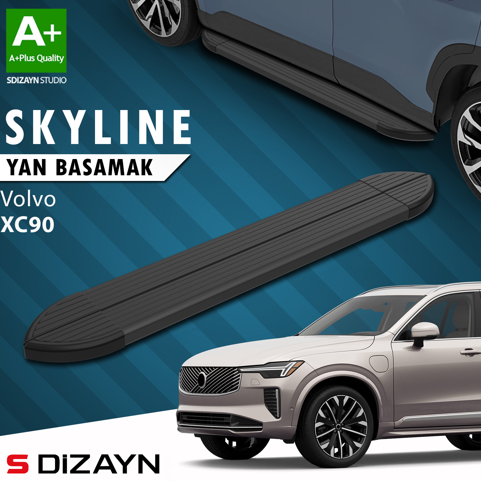 S-Dizayn Volvo XC90 Makyajlı Hybrid Skyline Siyah Yan Basamak 203 Cm 2024 Üzeri A+ Kalite 1