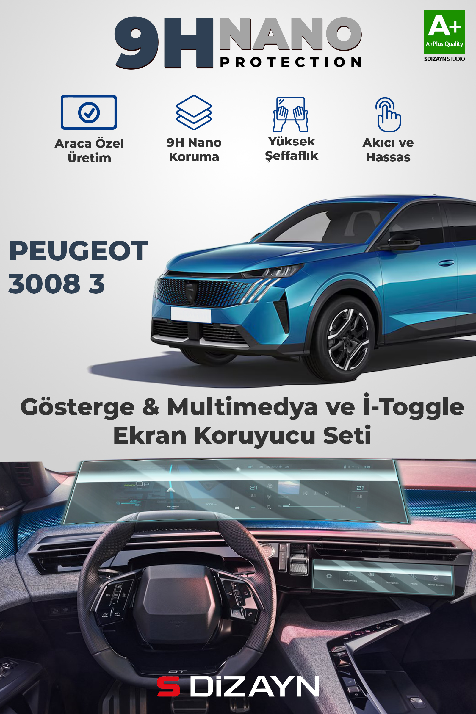 Peugeot 3008 3 21 İnç 9H Nano Kavisli Ekran ve İ-Toggle Ekran Koruyucu (PARLAK) 2024 Üzeri 1