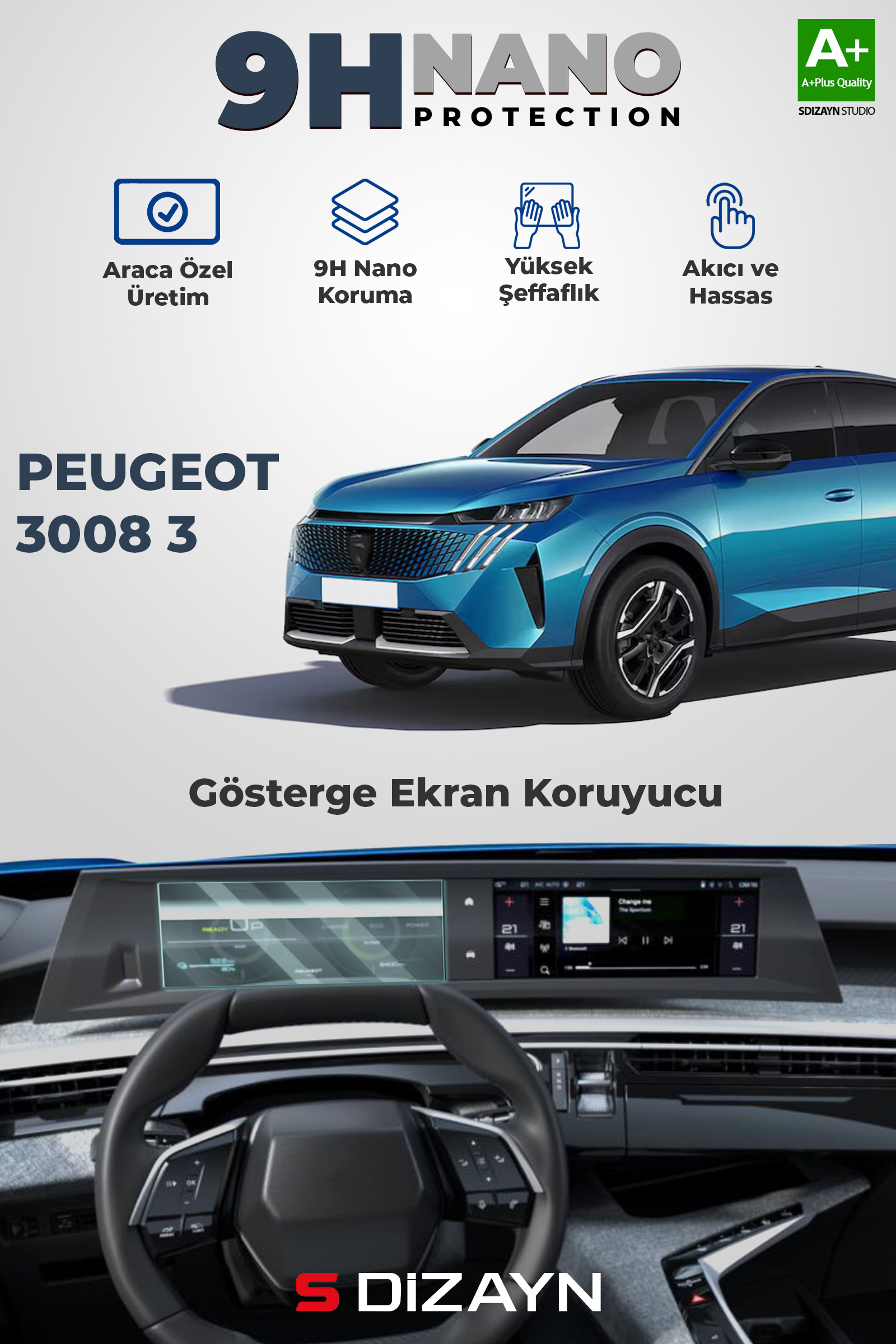 Peugeot 3008 3 10 İnç 9H Nano Gösterge Ekran Koruyucu (PARLAK) 2024 Üzeri 1