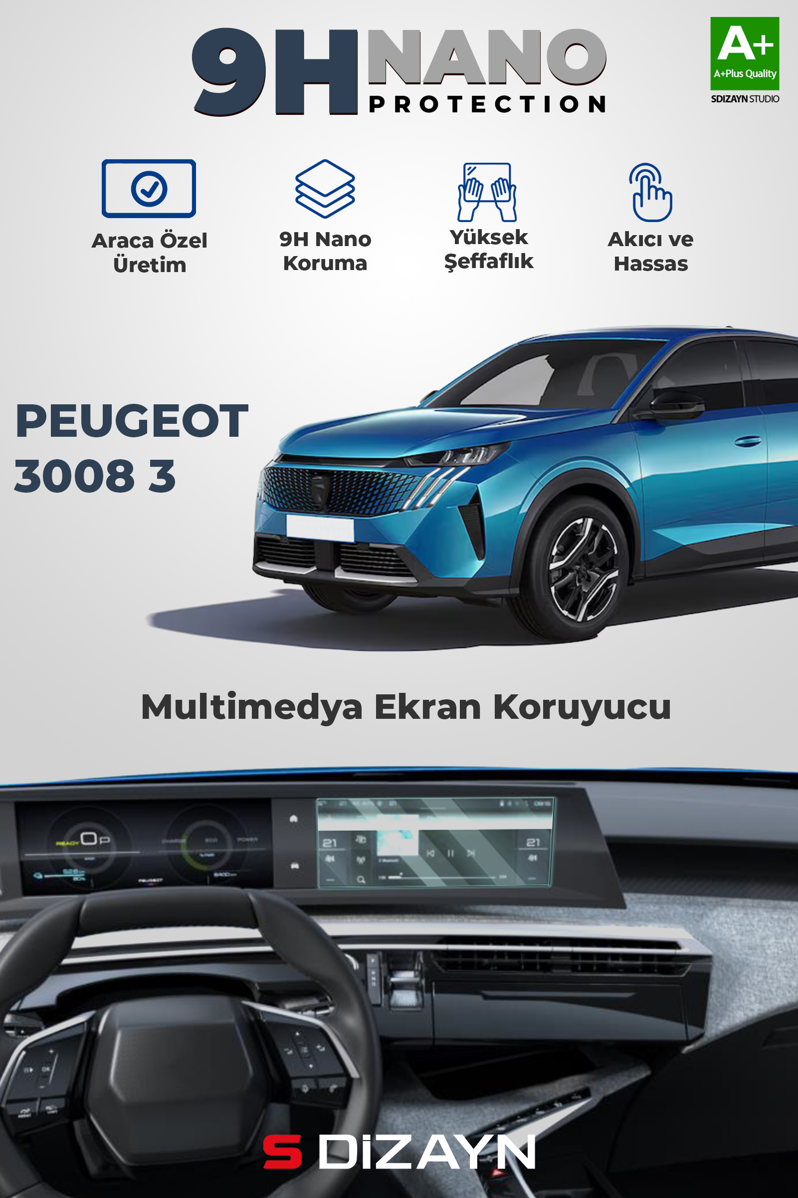Peugeot 3008 3 10 İnç 9H Nano Multimedya Ekran Koruyucu (PARLAK) 2024 Üzeri