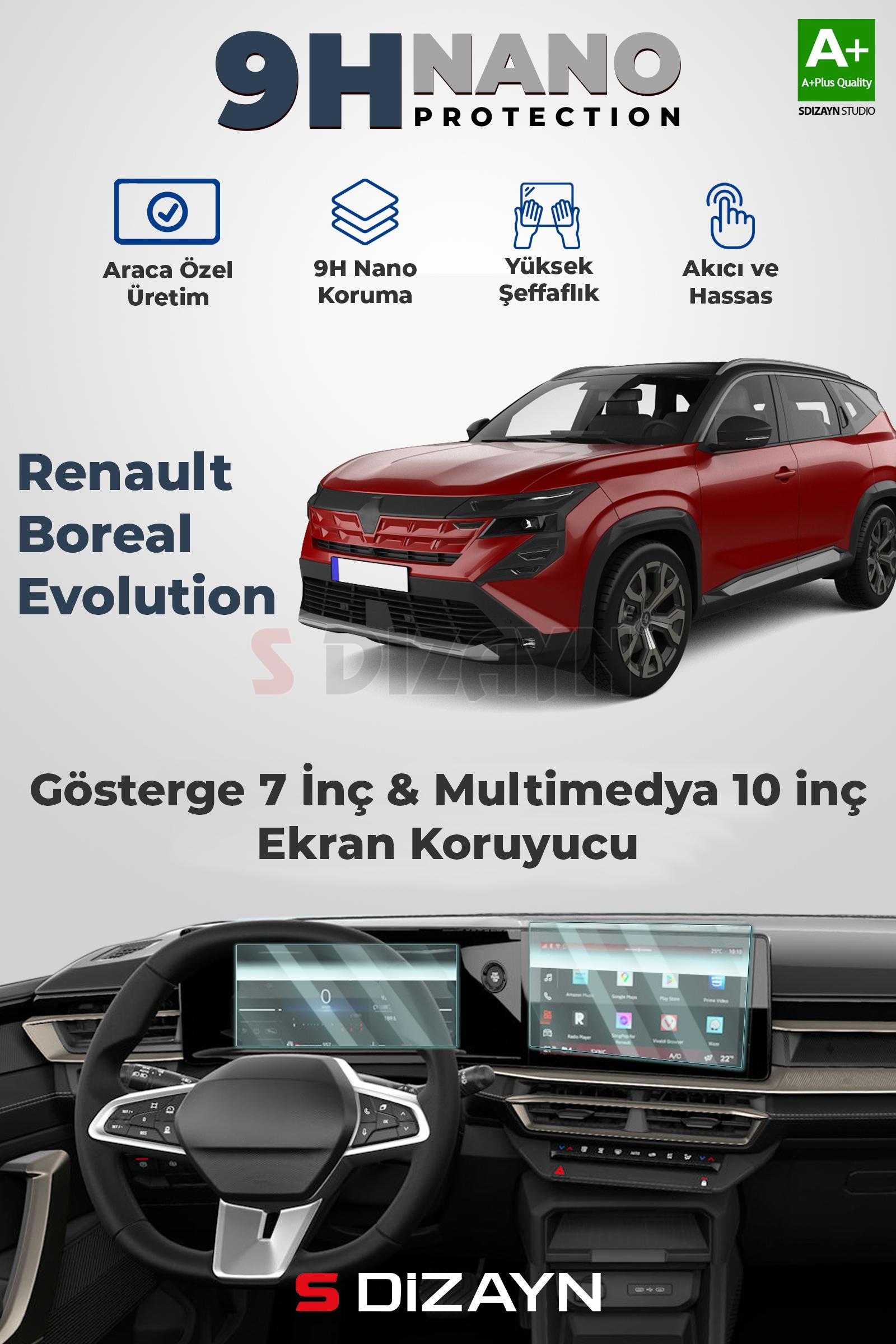 Renault Boreal Evolution 9H Nano 7 İnç Gösterge ve 10 İnç Multimedya Ekran Koruyucu 2'Li Set (PARLAK) 2025 Üzeri 1