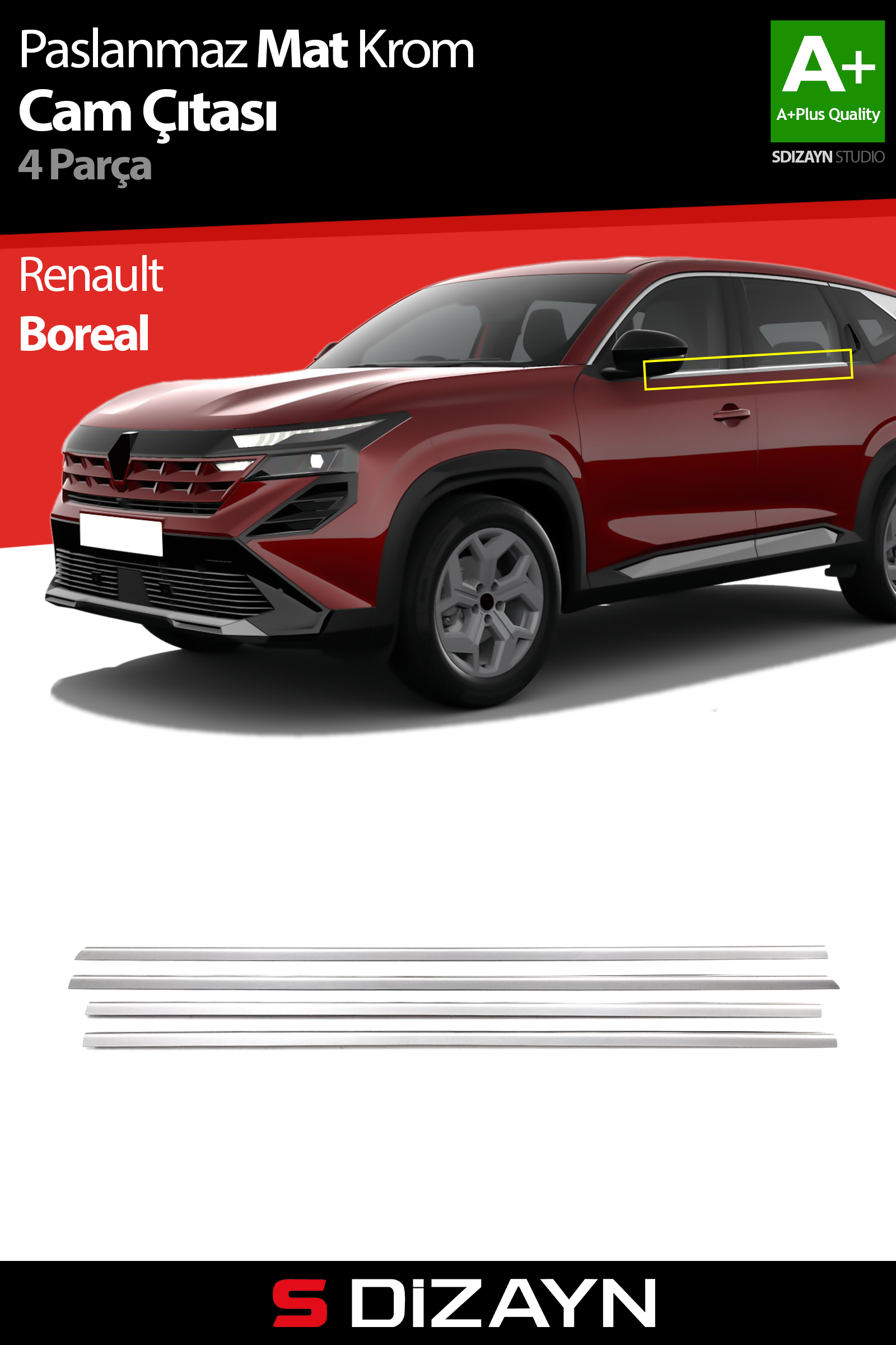 Renault Boreal Mat Krom Cam Çıtası 4 Prç 2025 Üzeri 1