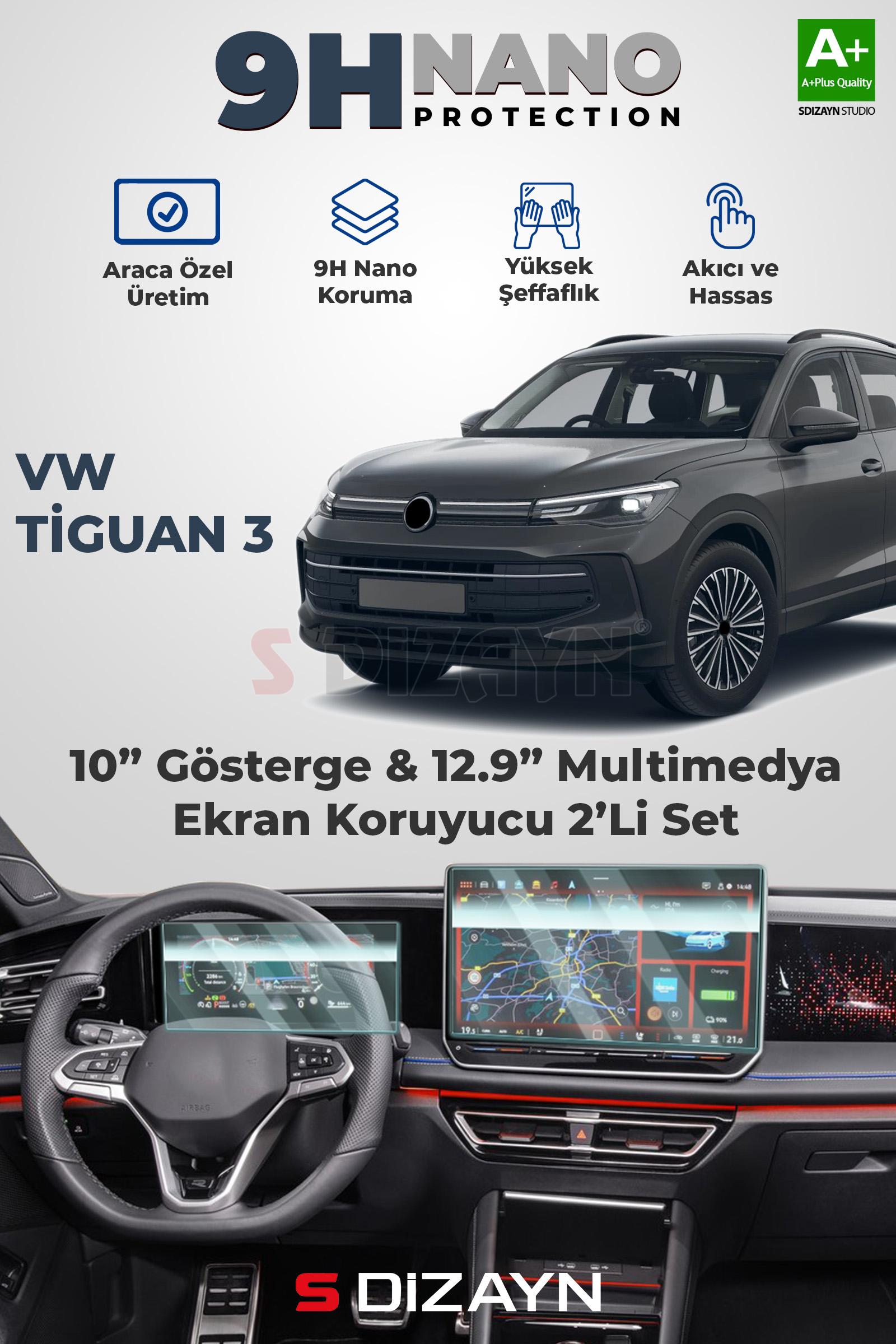 VW Tiguan 3 10 İnç Gösterge ve 12.9 İnç Multimedya 9H Nano Ekran Koruyucu 2'Li Set (PARLAK) 2024 Üzeri 1