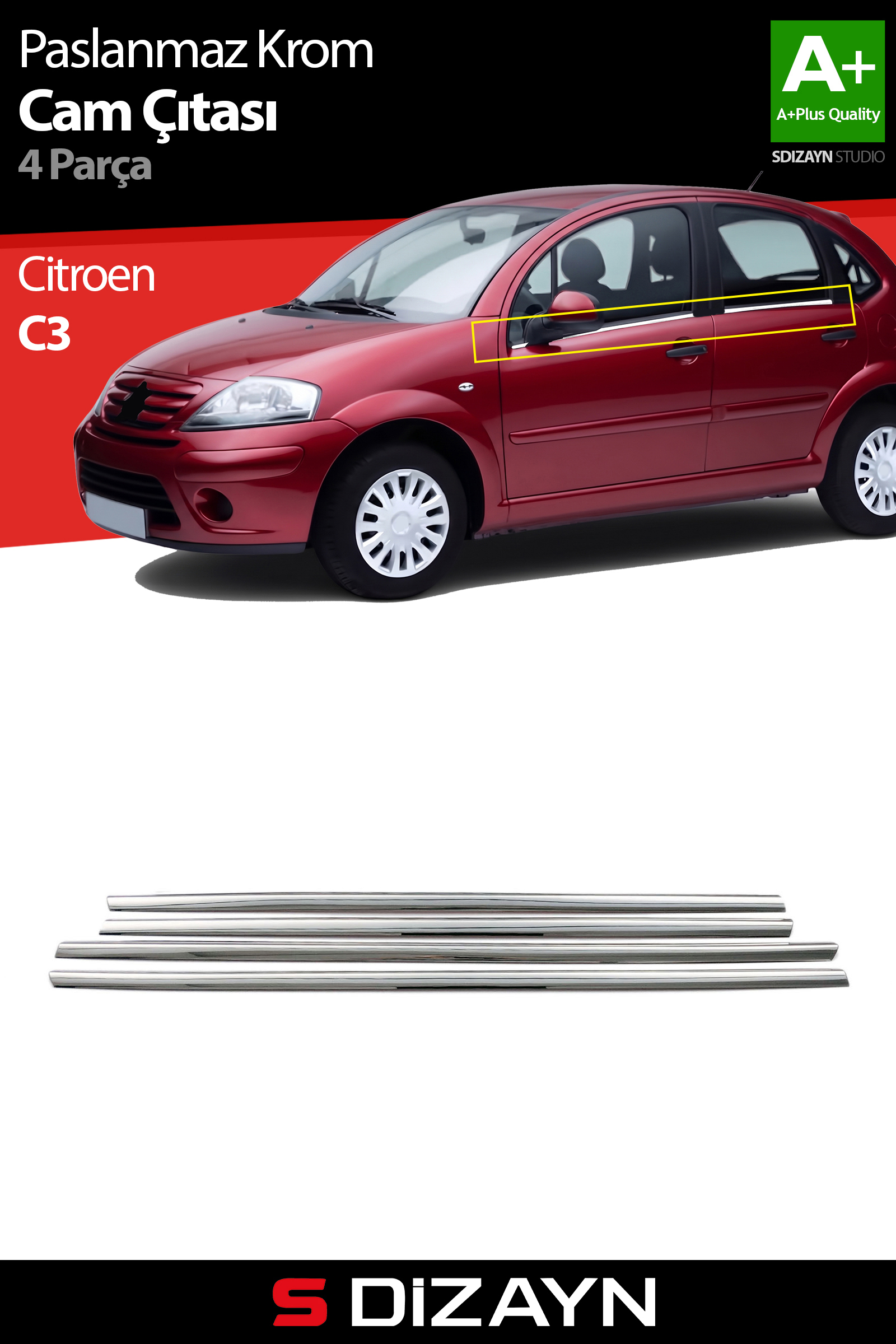 Citroen C3 Krom Cam Çıtası 4 Prç 2002-2009 1