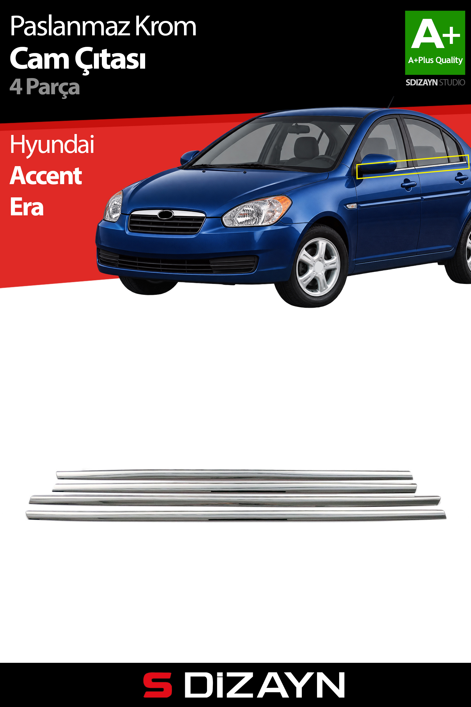Hyundai Accent Era Krom Cam Çıtası 4 Prç 2005-2011 1