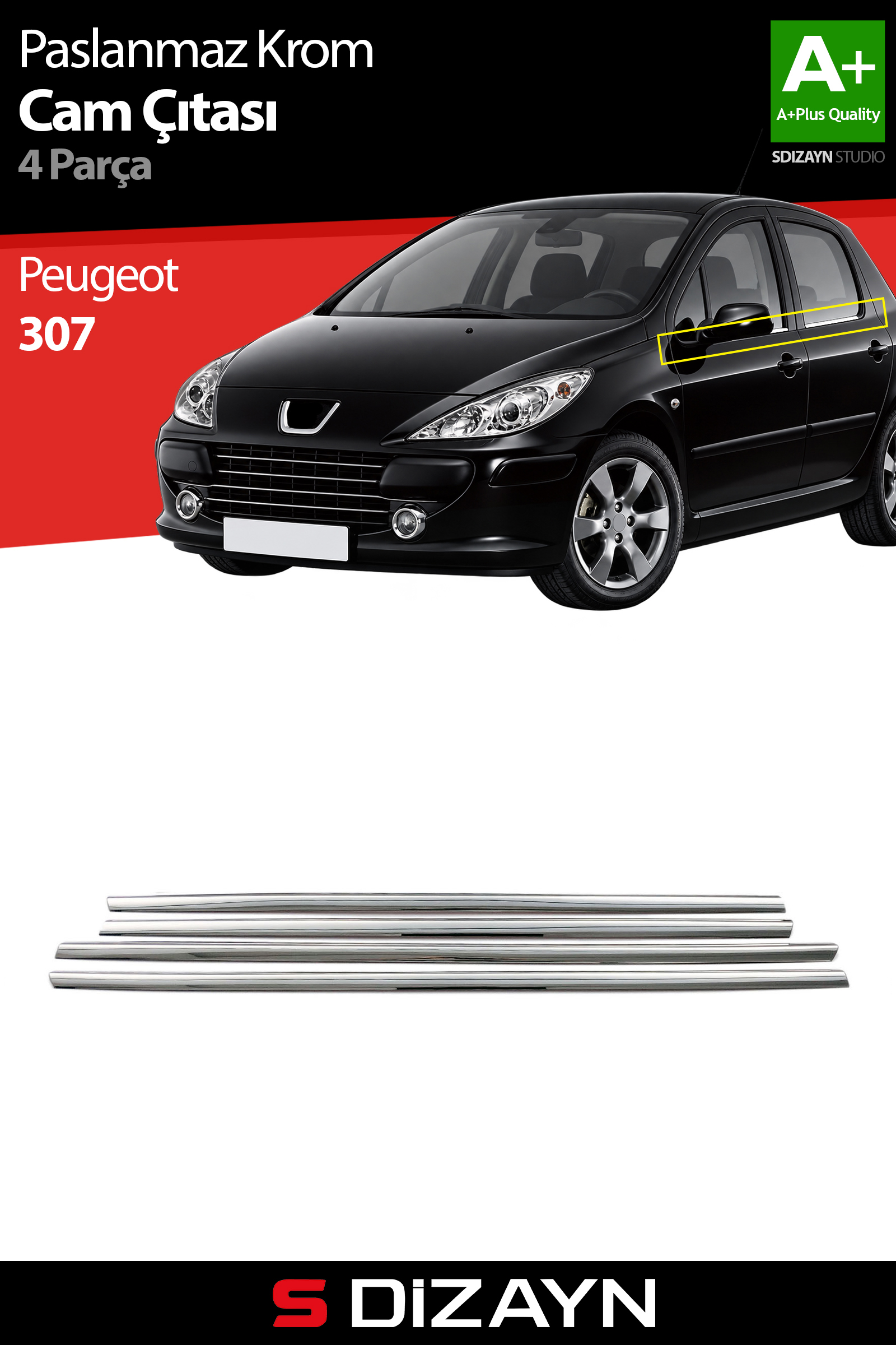 Peugeot 307 Krom Cam Çıtası 4 Prç 2001-2008 1