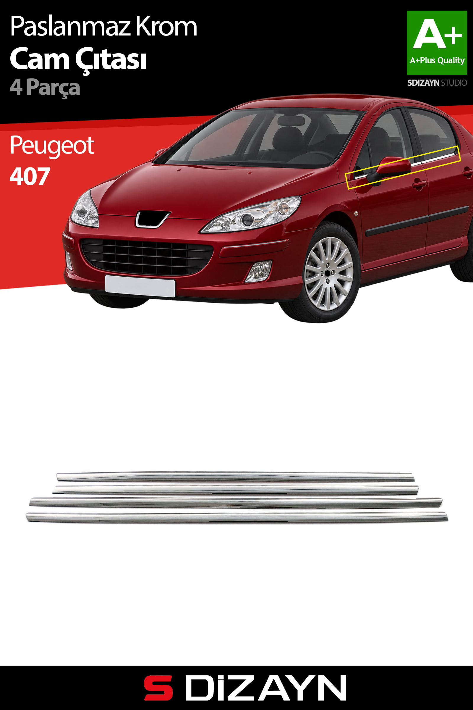 Peugeot 407 Krom Cam Çıtası 4 Prç 2004-2010 1