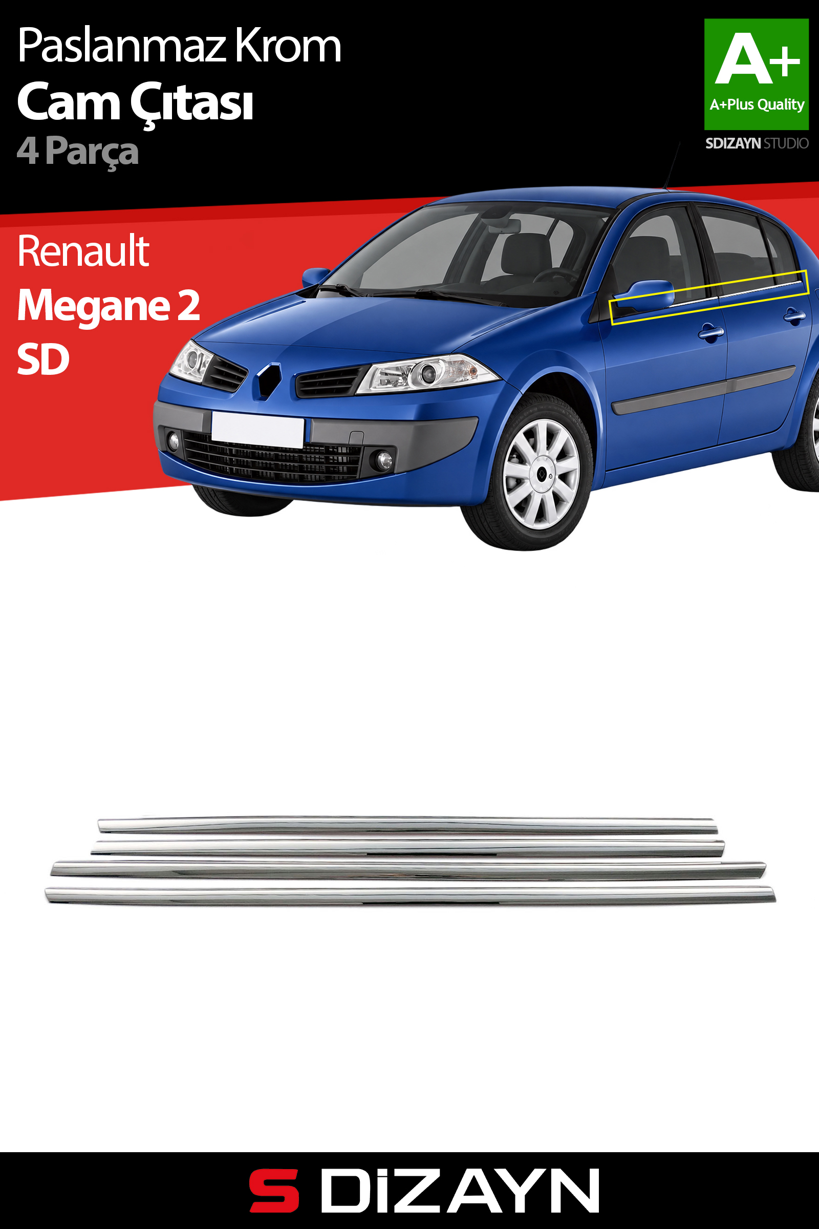 Renault Megane 2 SD Krom Cam Çıtası 4 Prç 2004-2010 1