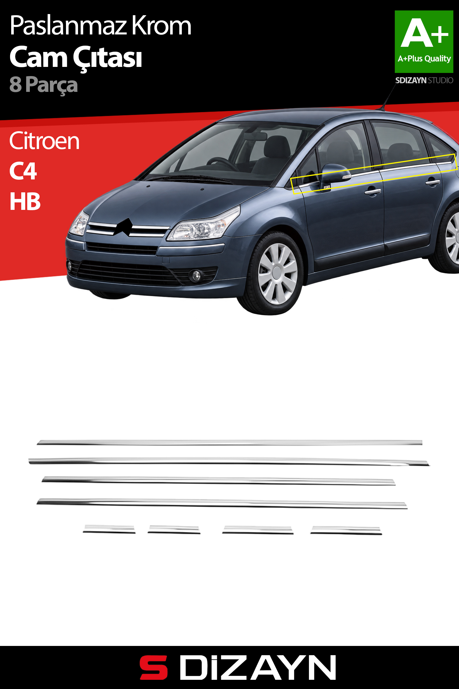 Citroen C4 HB Krom Cam Çıtası 8 Prç 2005-2010 1