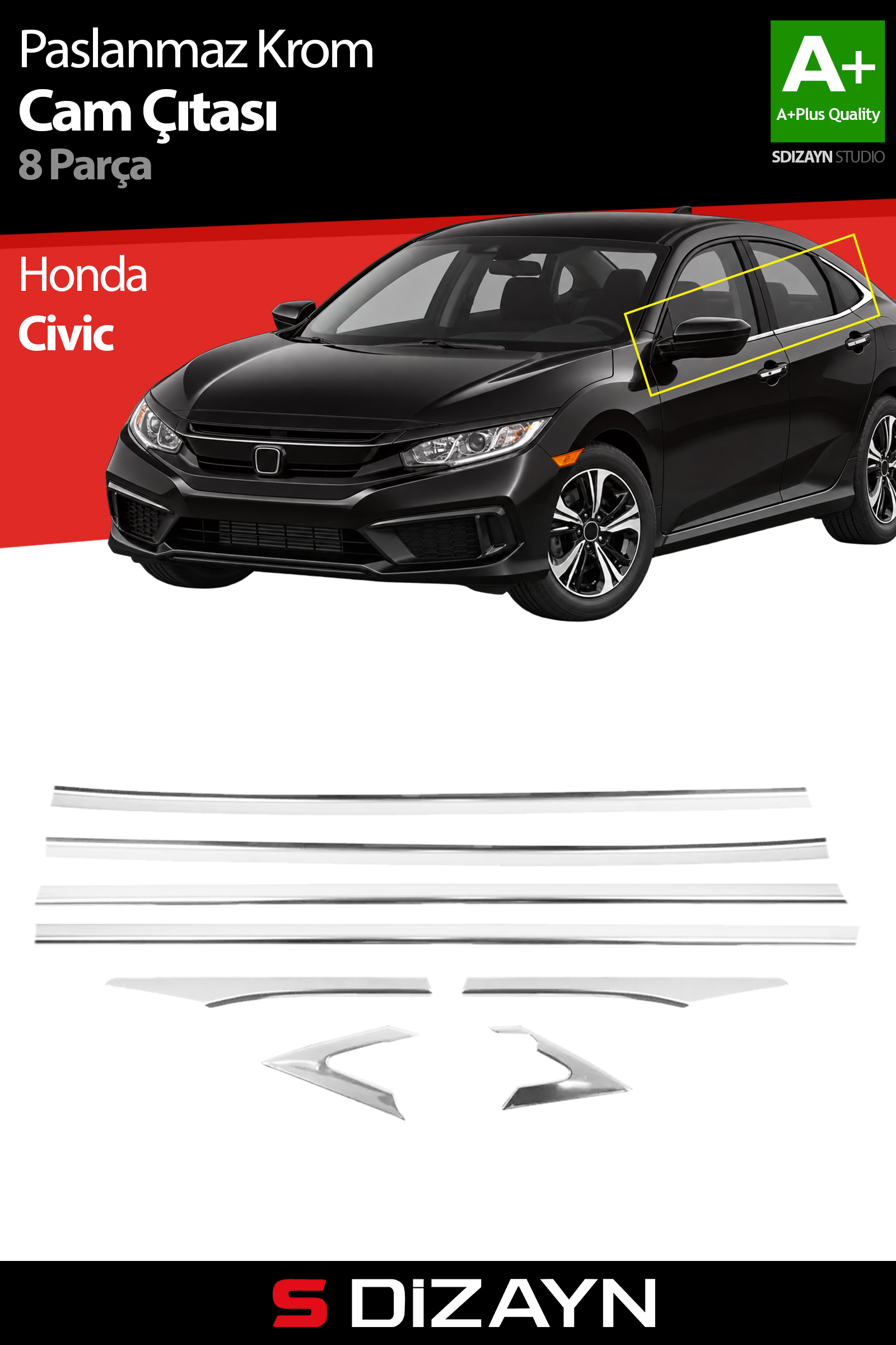 Honda Civic Krom Cam Çıtası 8 Prç 2016-2021 1