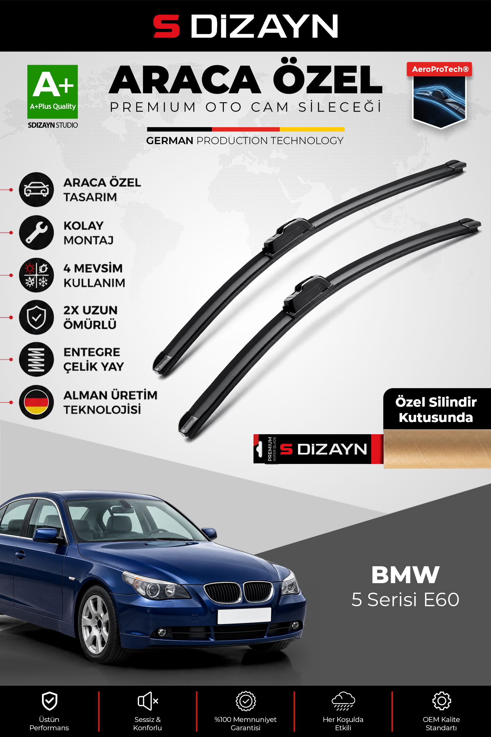 BMW 5 Serisi E60 Ön Cam Silecek Seti 2003-2010 Premium Araca Özel 60-60 Cm 1