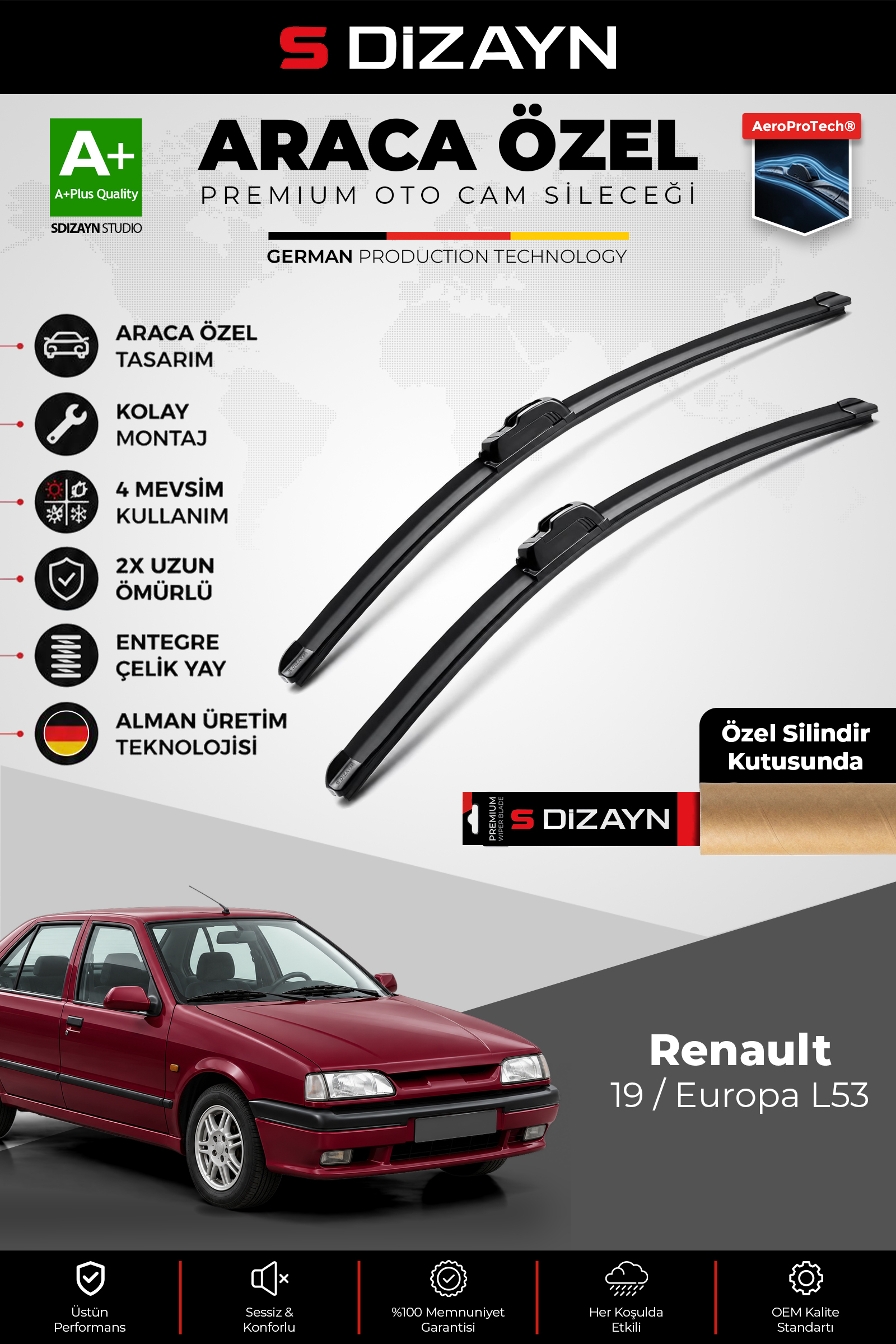 Renault 19 - Europa L53 Ön Cam Silecek Seti 1989-2000 Premium Araca Özel 50-50 Cm 1