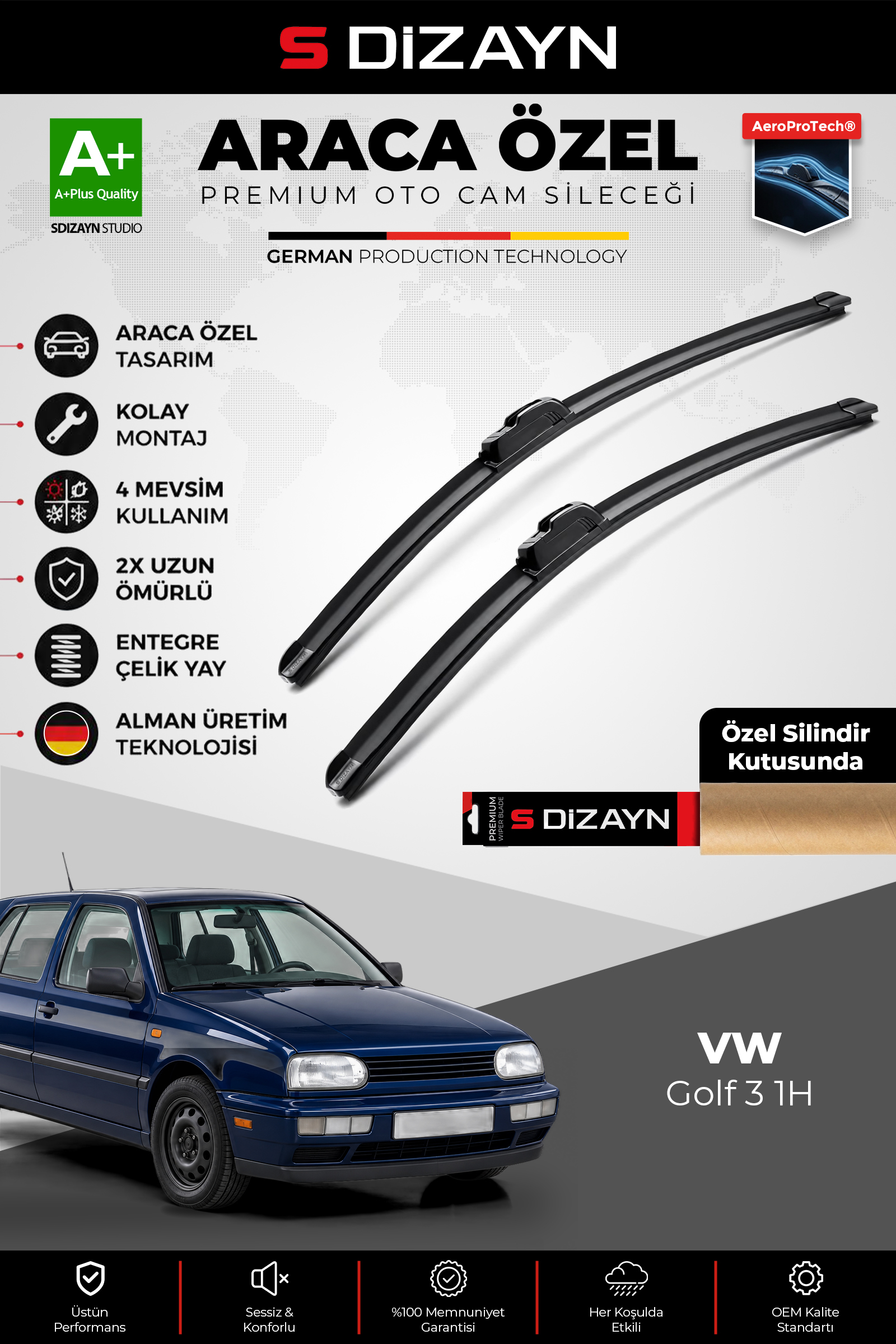 VW Golf 3 1H Ön Cam Silecek Seti 1991-1998 Premium Araca Özel 53-48 Cm 1