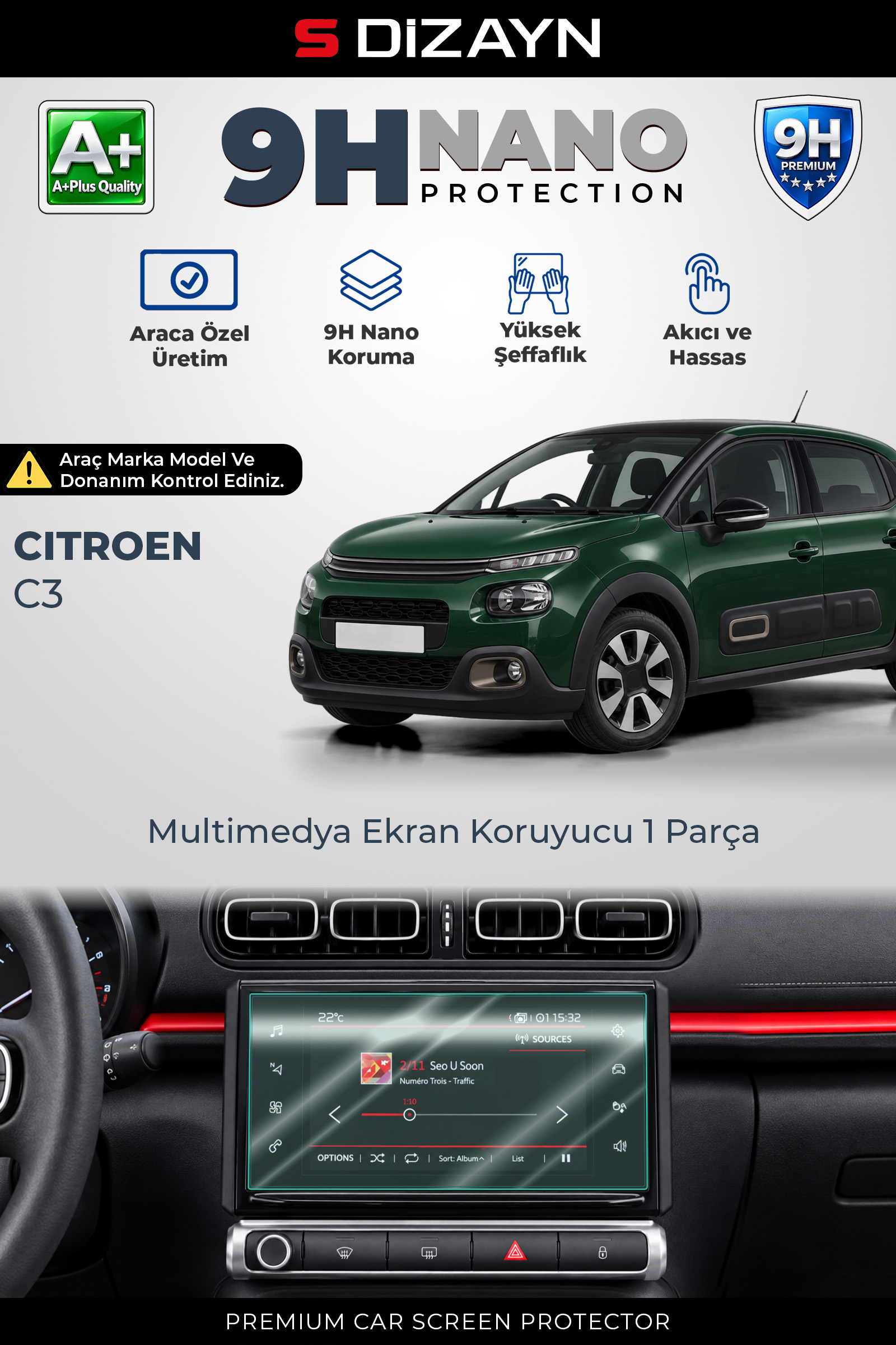Citroen C3 7 İnç 9H Nano Multimedya Ekran Koruyucu (PARLAK) 2017-2024