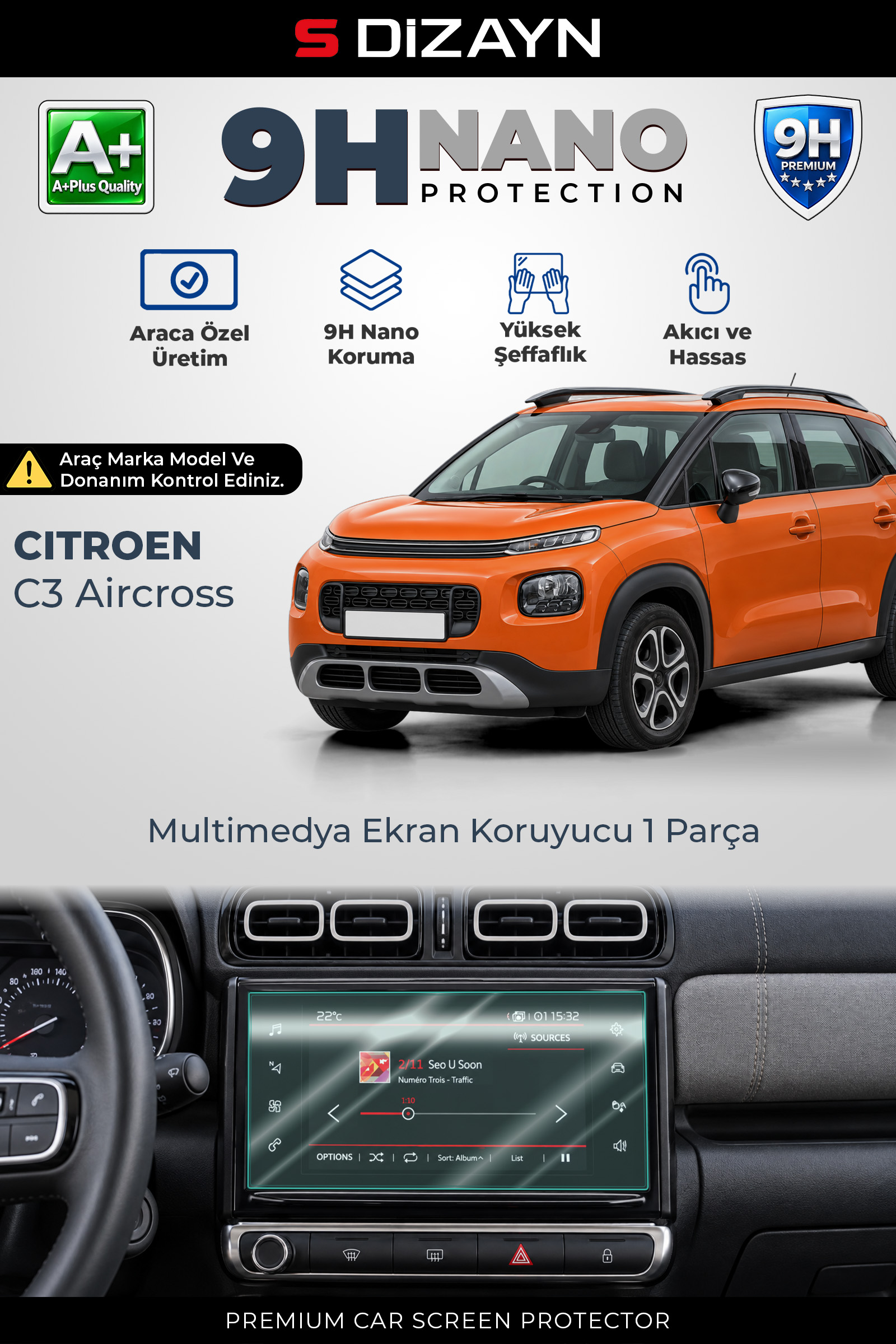 Citroen C3 Aircross 7 İnç 9H Nano Multimedya Ekran Koruyucu (PARLAK) 2018-2024 1