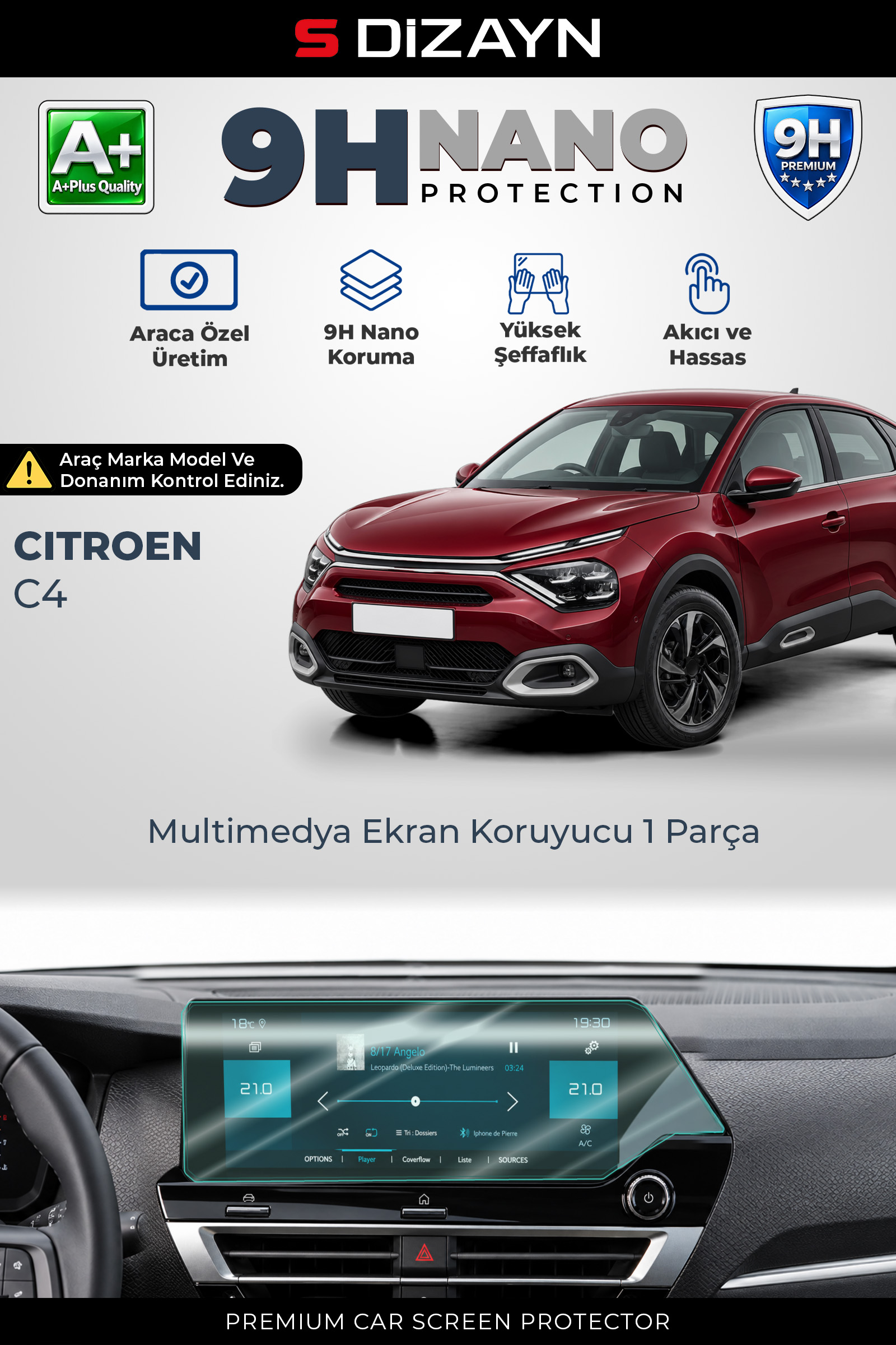Citroen C4 10 İnç 9H Nano Multimedya Ekran Koruyucu (PARLAK) 2021 Üzeri 1
