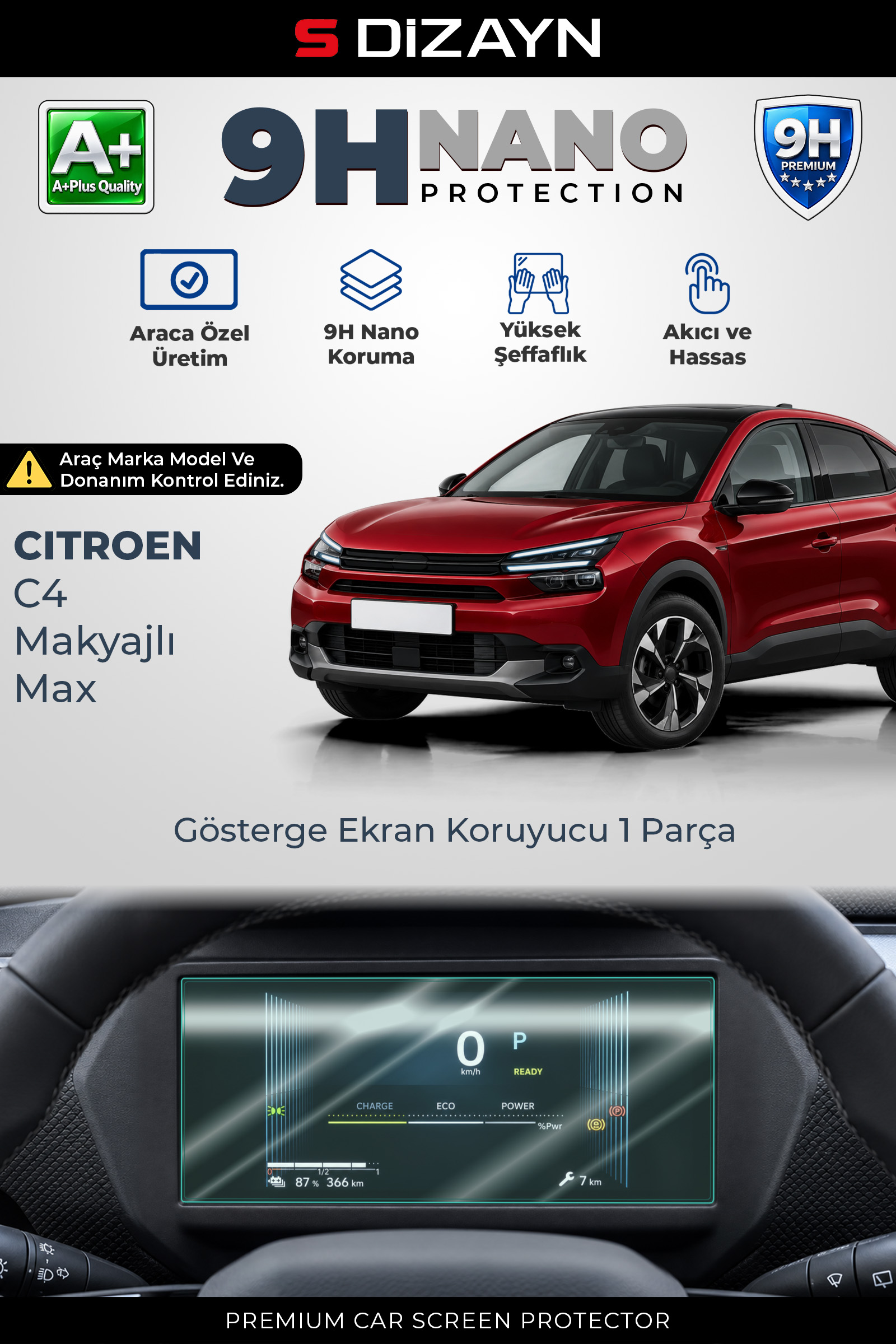 Citroen C4 Makyajlı Max 7 İnç 9H Nano Gösterge Ekran Koruyucu (PARLAK) 2025 Üzeri
