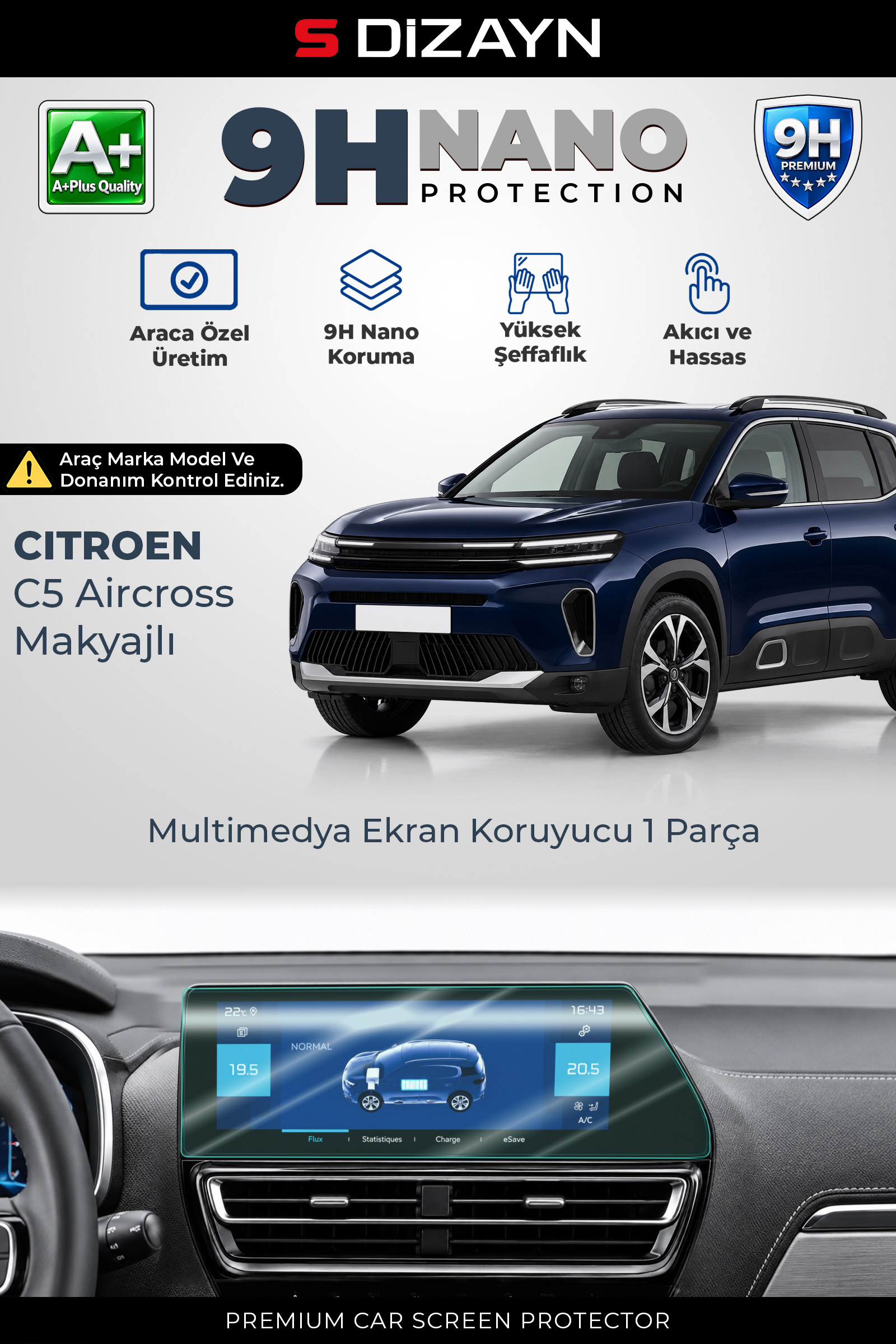 Citroen C5 Aircross Makyajlı 10 İnç 9H Nano Multimedya Ekran Koruyucu (PARLAK) 2022-2025 1