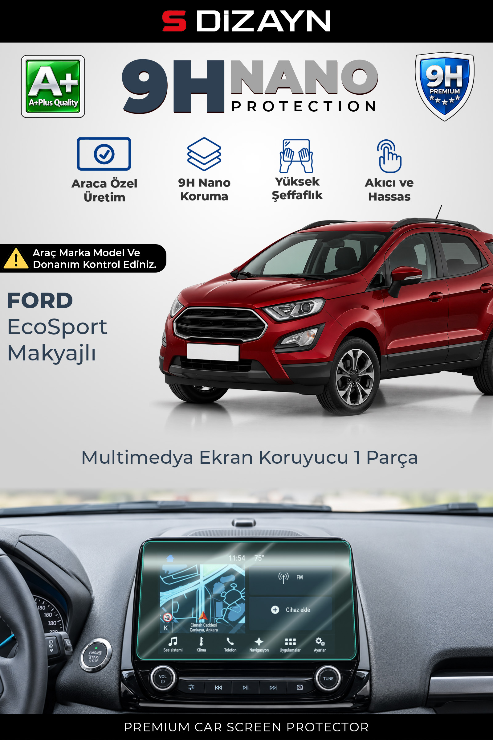 Ford EcoSport Makyajlı 8 İnç 9H Nano Multimedya Ekran Koruyucu (PARLAK) 2018-2022