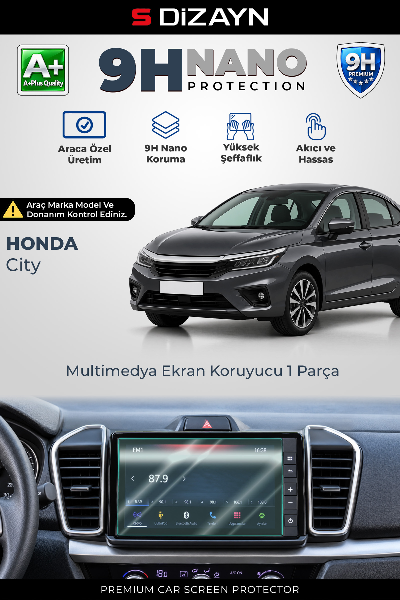 Honda City 8 İnç 9H Nano Multimedya Ekran Koruyucu (PARLAK) 2021-2023 1