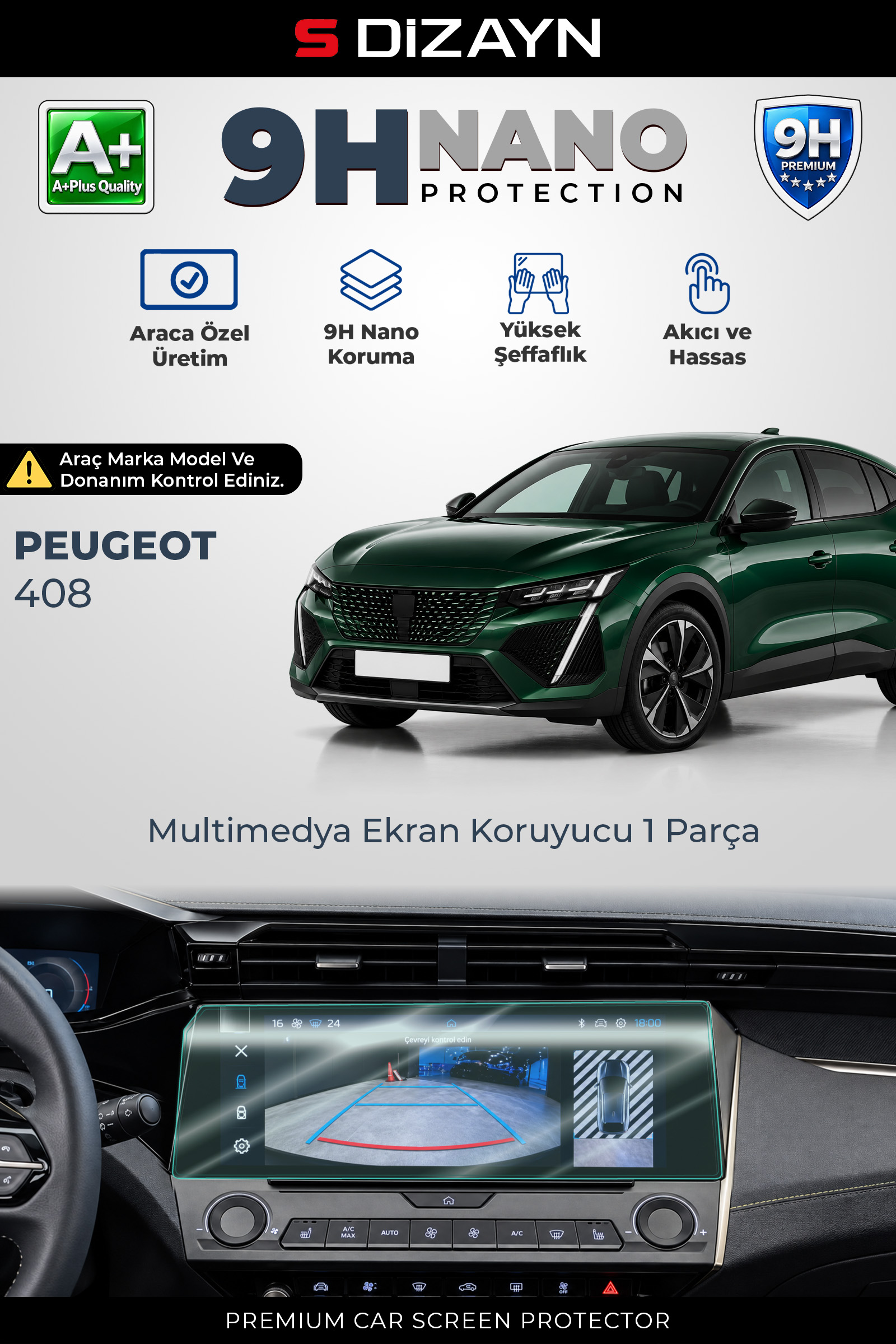 Peugeot 408 10 İnç 9H Nano Multimedya Ekran Koruyucu (PARLAK) 2023 Üzeri 1