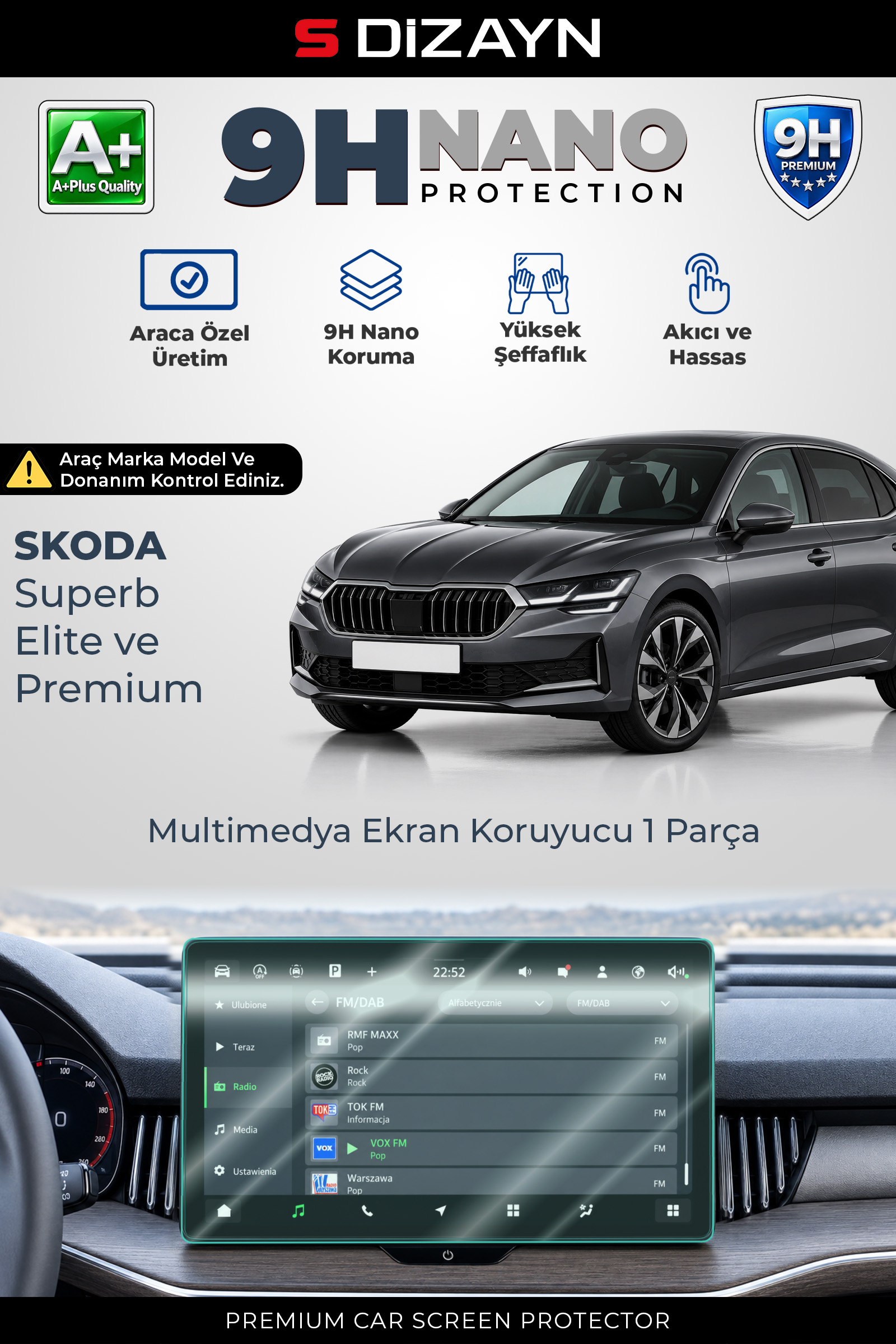 Skoda Superb Elite ve Premium 10 İnç 9H Nano Multimedya Ekran Koruyucu (PARLAK) 2024 Üzeri 1