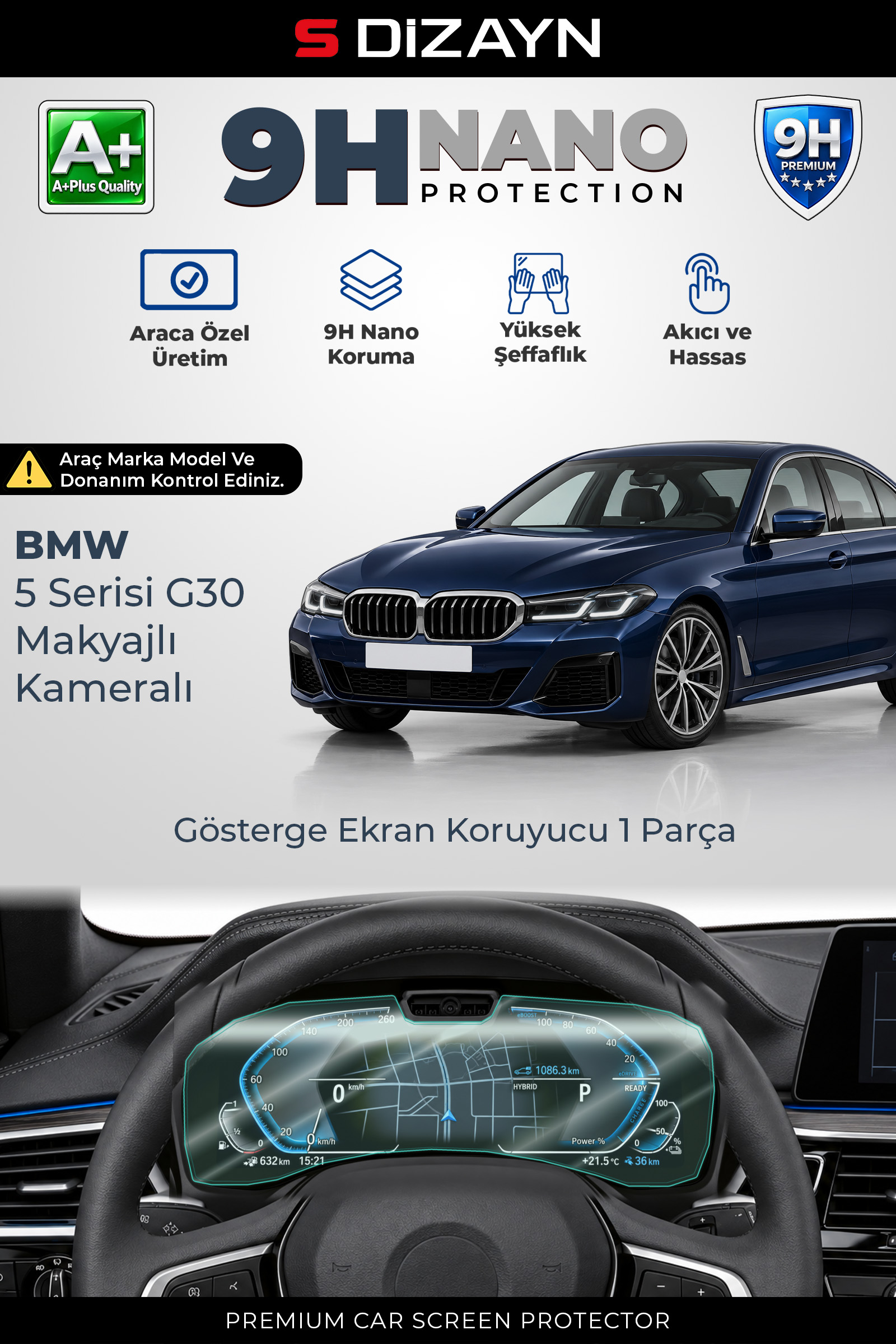 BMW 5 Serisi G30 Makyajlı Kameralı 12.3 İnç 9H Nano Gösterge Ekran Koruyucu (PARLAK) 2020-2023 1