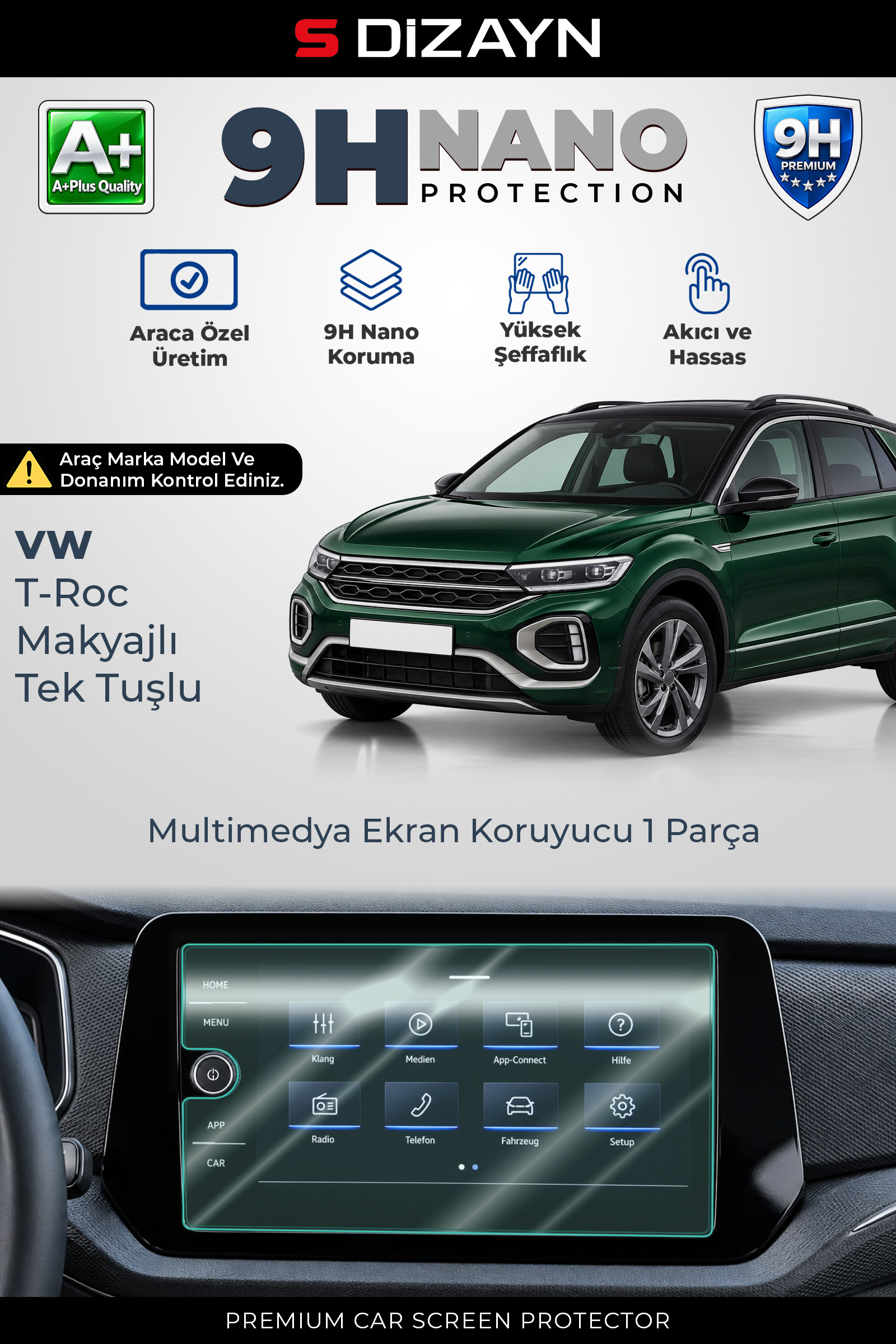 VW T-Roc Makyajlı Tek Tuşlu 8 İnç 9H Nano Multimedya Ekran Koruyucu (PARLAK) 2024-2025 1