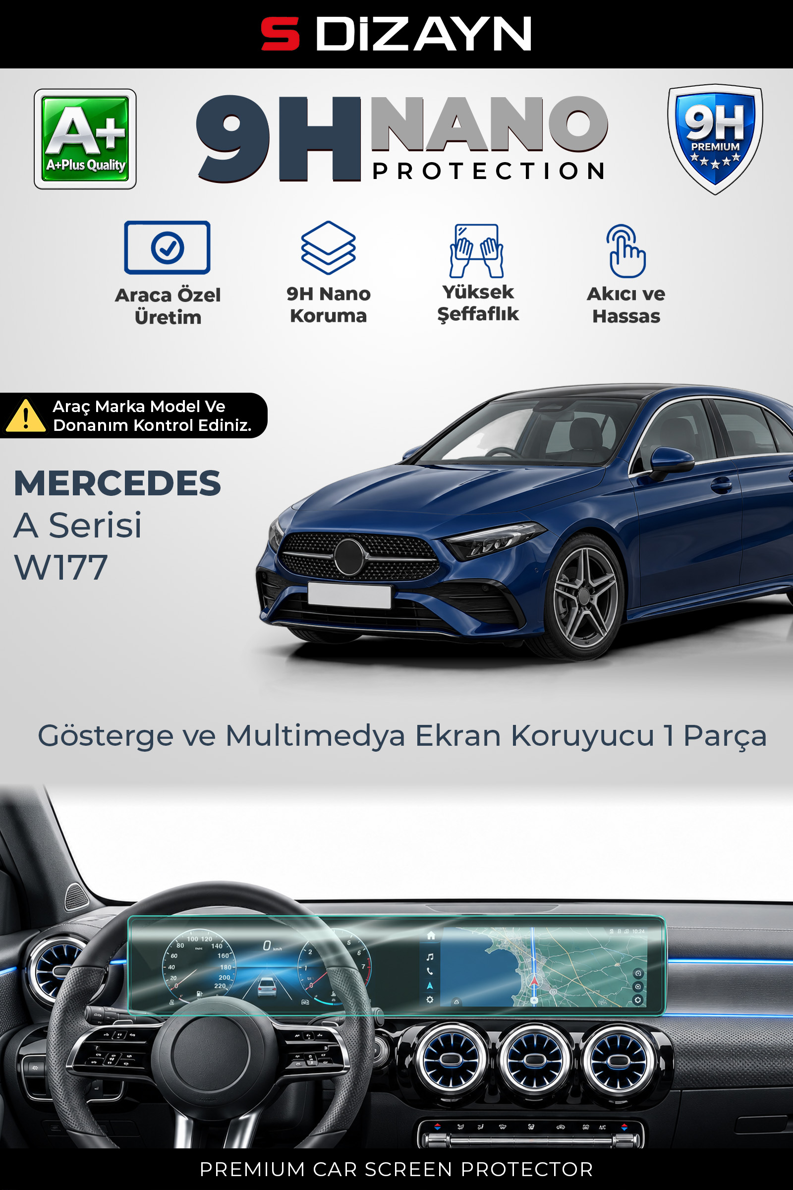 S-Dizayn Mercedes A Serisi W177 10.25 İnç 9H Nano Gösterge ve Multimedya Ekran Koruyucu 1 Parça (PARLAK) 2018 Üzeri A+ Kalite 1