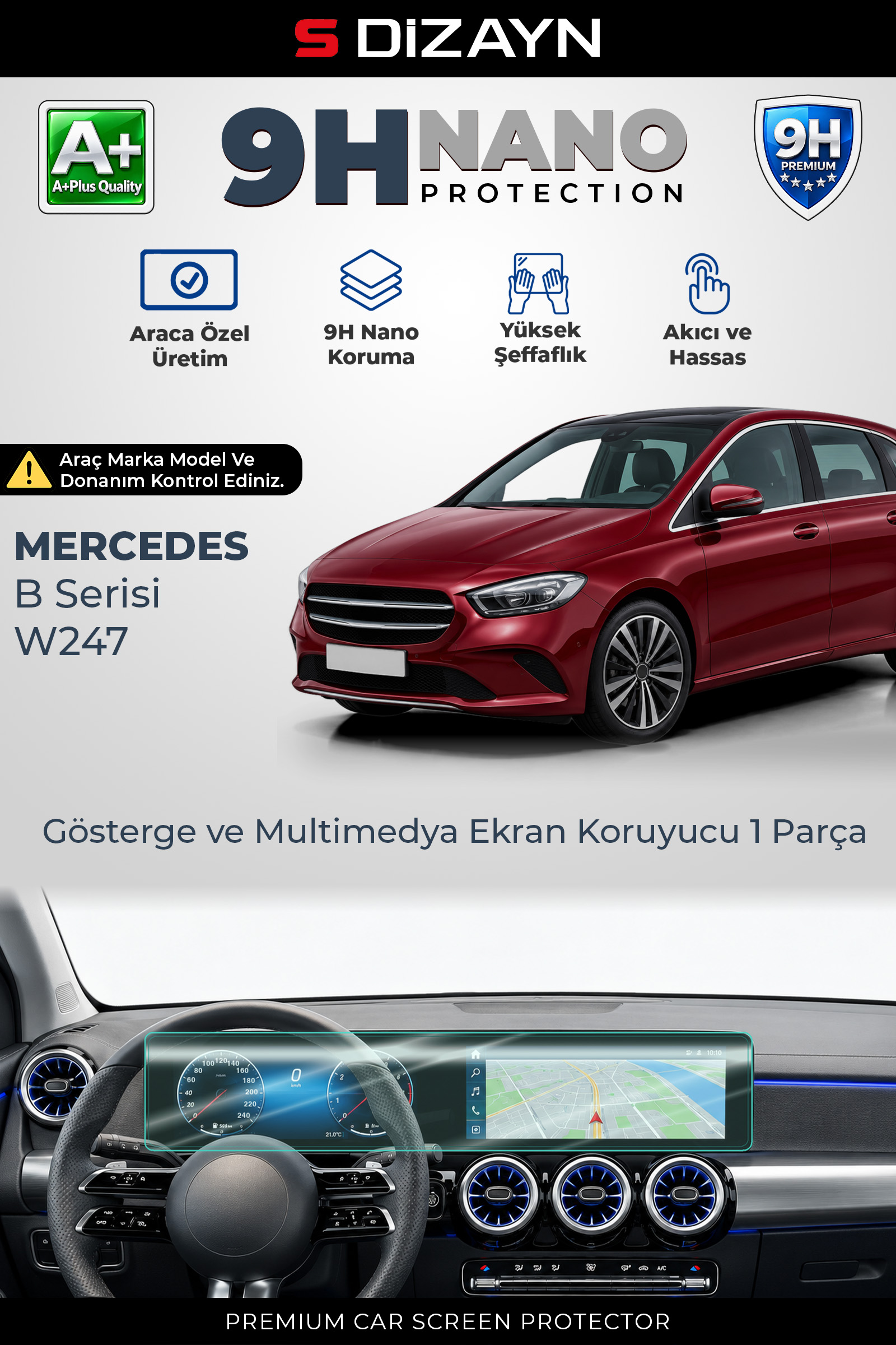 S-Dizayn Mercedes B Serisi W247 10.25 İnç 9H Nano Gösterge ve Multimedya Ekran Koruyucu 1 Parça (PARLAK) 2019 Üzeri A+ Kalite 1