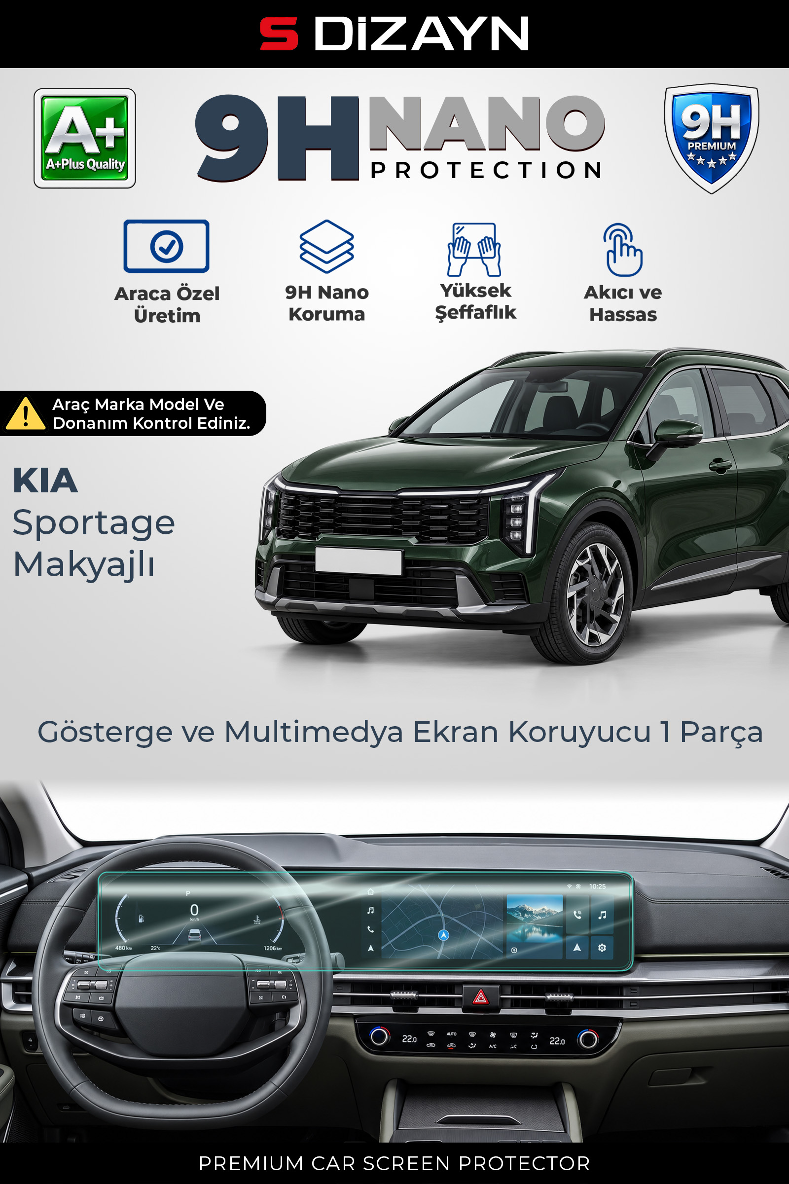 S-Dizayn Kia Sportage Makyajlı 12.3 İnç 9H Nano Gösterge ve Multimedya Ekran Koruyucu 1 Parça (PARLAK) 2024 Üzeri A+ Kalite 1