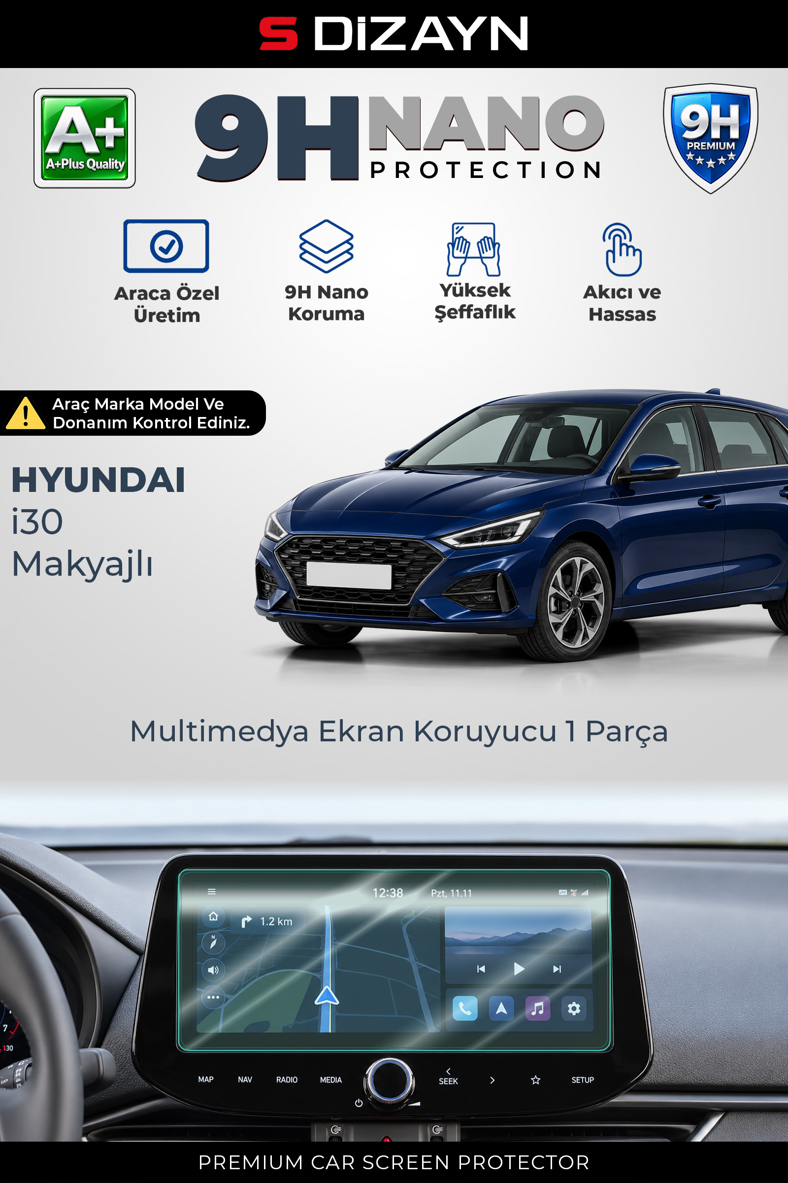 S-Dizayn Hyundai i30 Makyajlı 10.25 İnç 9H Nano Multimedya Ekran Koruyucu (PARLAK) 2024 Üzeri A+ Kalite 1