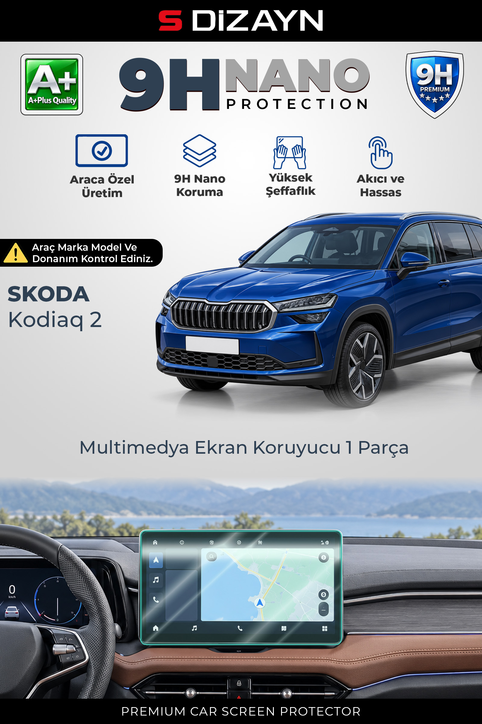 S-Dizayn Skoda Kodiaq 2 13 İnç 9H Nano Multimedya Ekran Koruyucu (PARLAK) 2024 Üzeri A+ Kalite 1