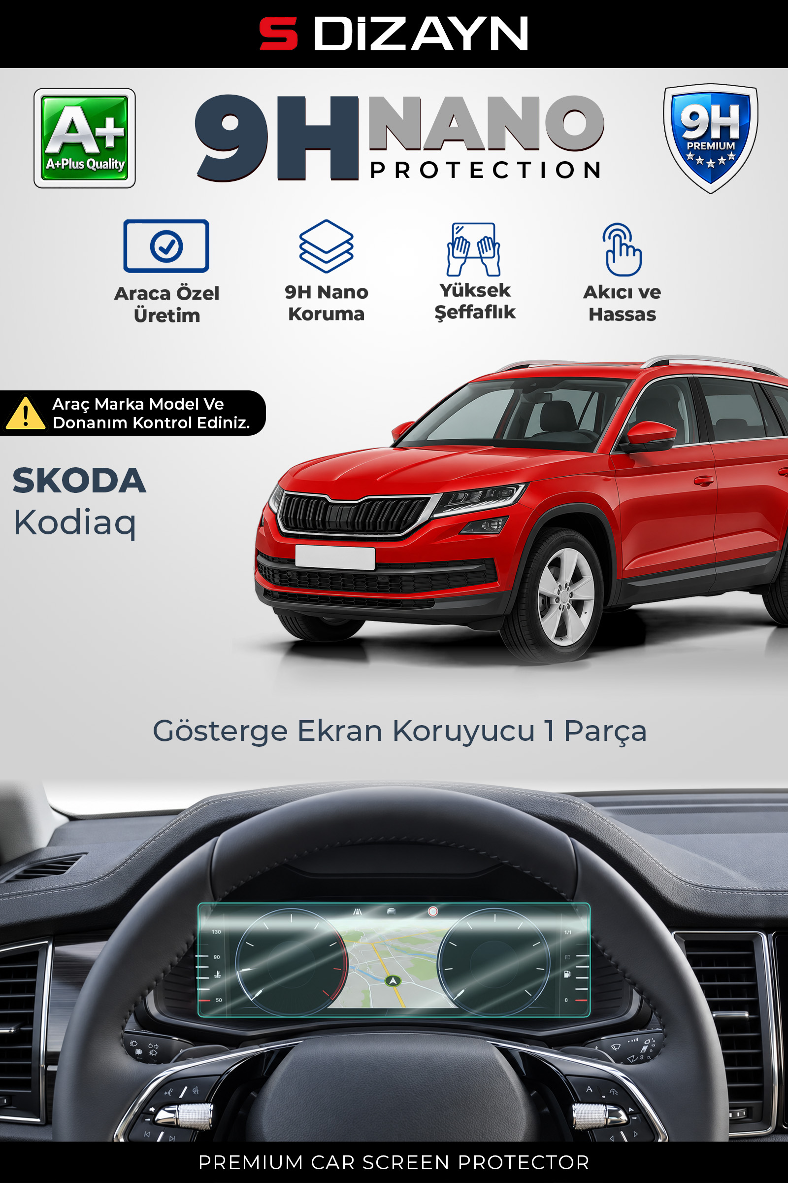 S-Dizayn Skoda Kodiaq 10.25 İnç 9H Nano Gösterge Ekran Koruyucu (PARLAK) 2016-2024 A+ Kalite 1