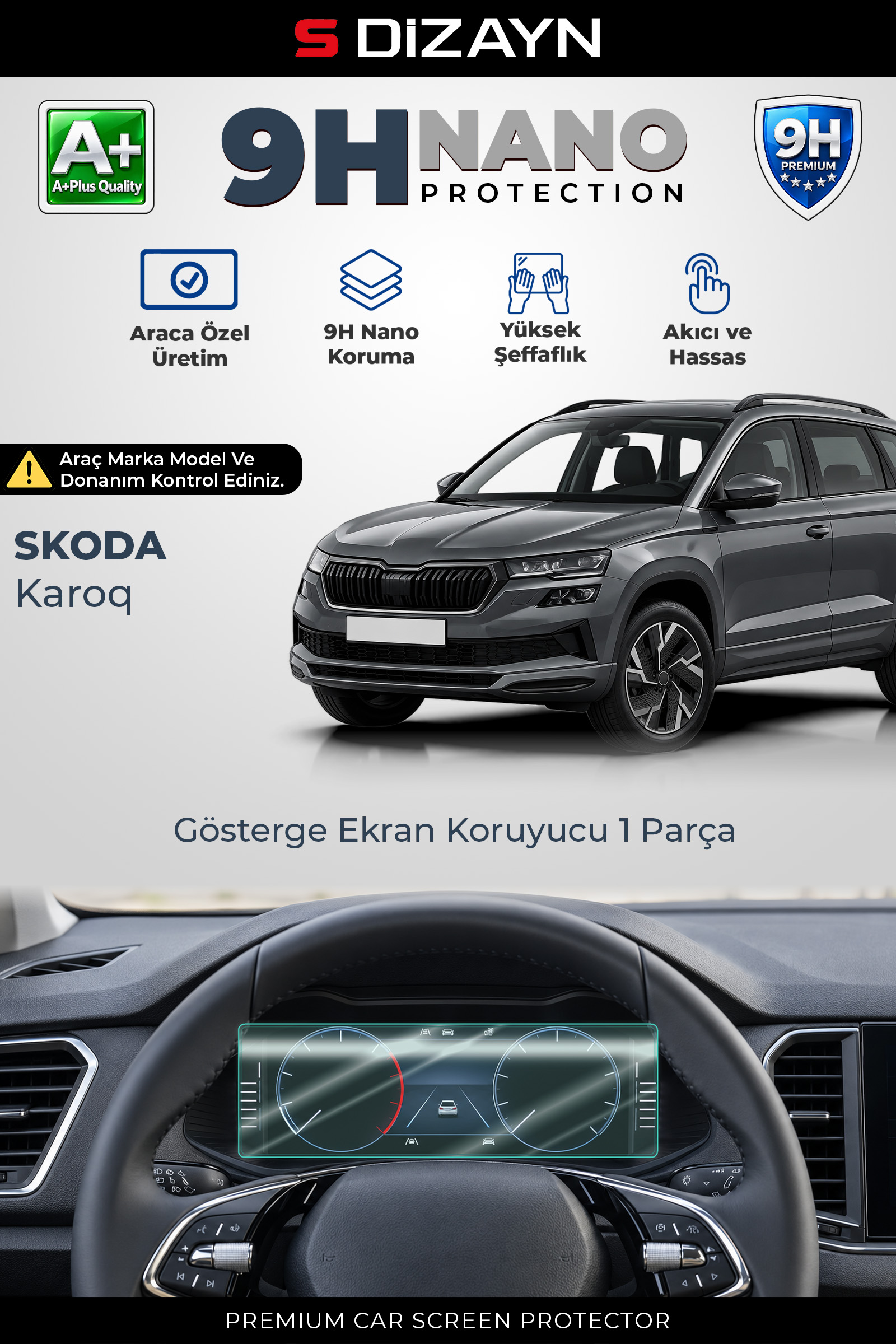 S-Dizayn Skoda Karoq 10.25 İnç 9H Nano Gösterge Ekran Koruyucu (PARLAK) 2017 Üzeri A+ Kalite 1