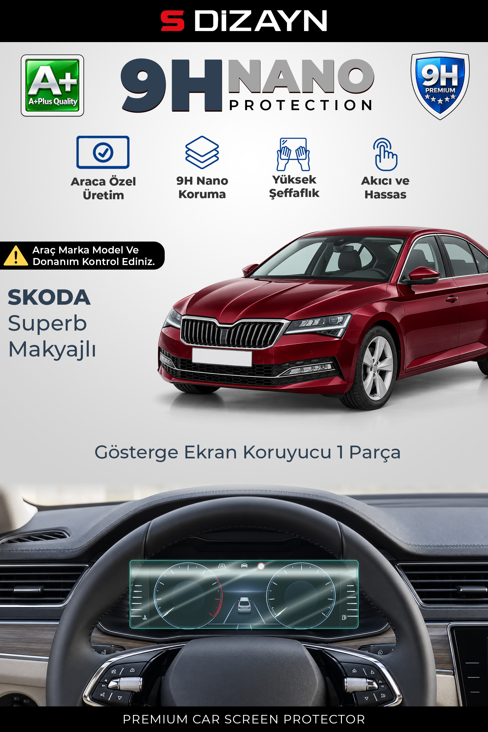 S-Dizayn Skoda Superb Makyajlı 10.25 İnç 9H Nano Gösterge Ekran Koruyucu (PARLAK) 2019-2023 A+ Kalite 1