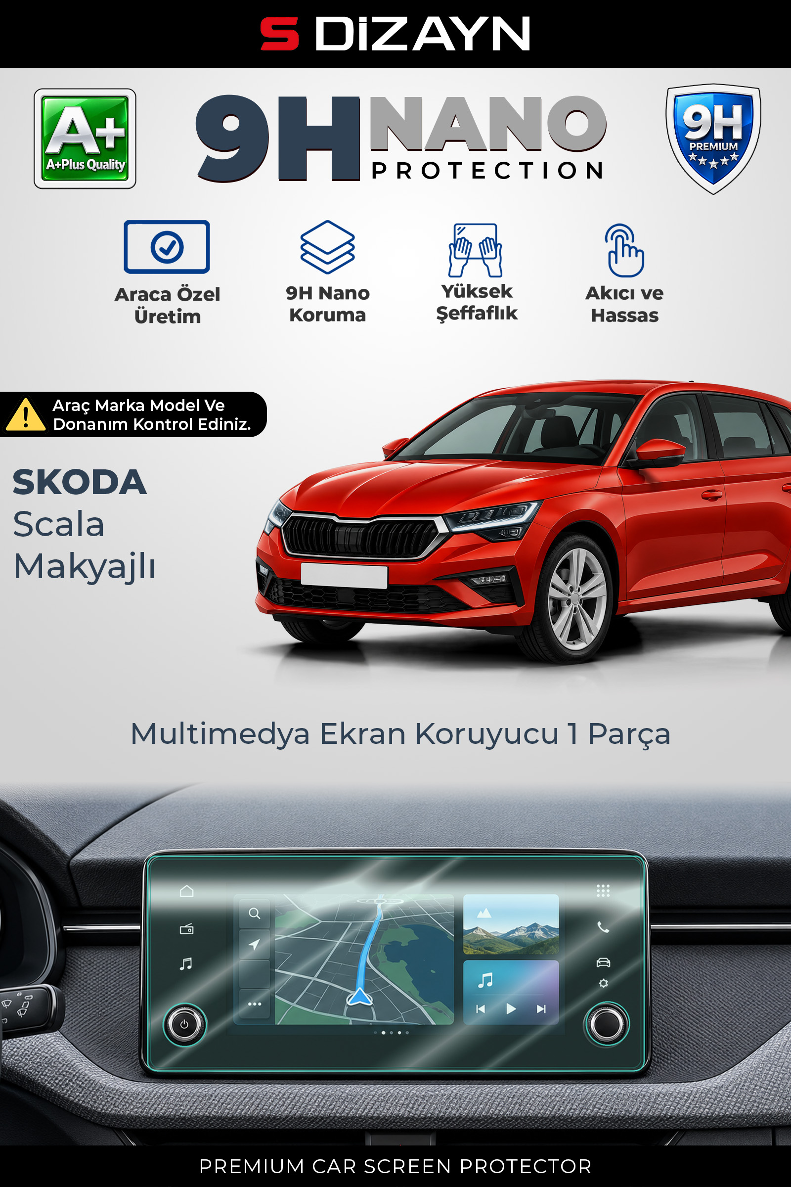 S-Dizayn Skoda Scala Makyajlı 9H Nano Multimedya Ekran Koruyucu (PARLAK) 2024 Üzeri A+ Kalite 1