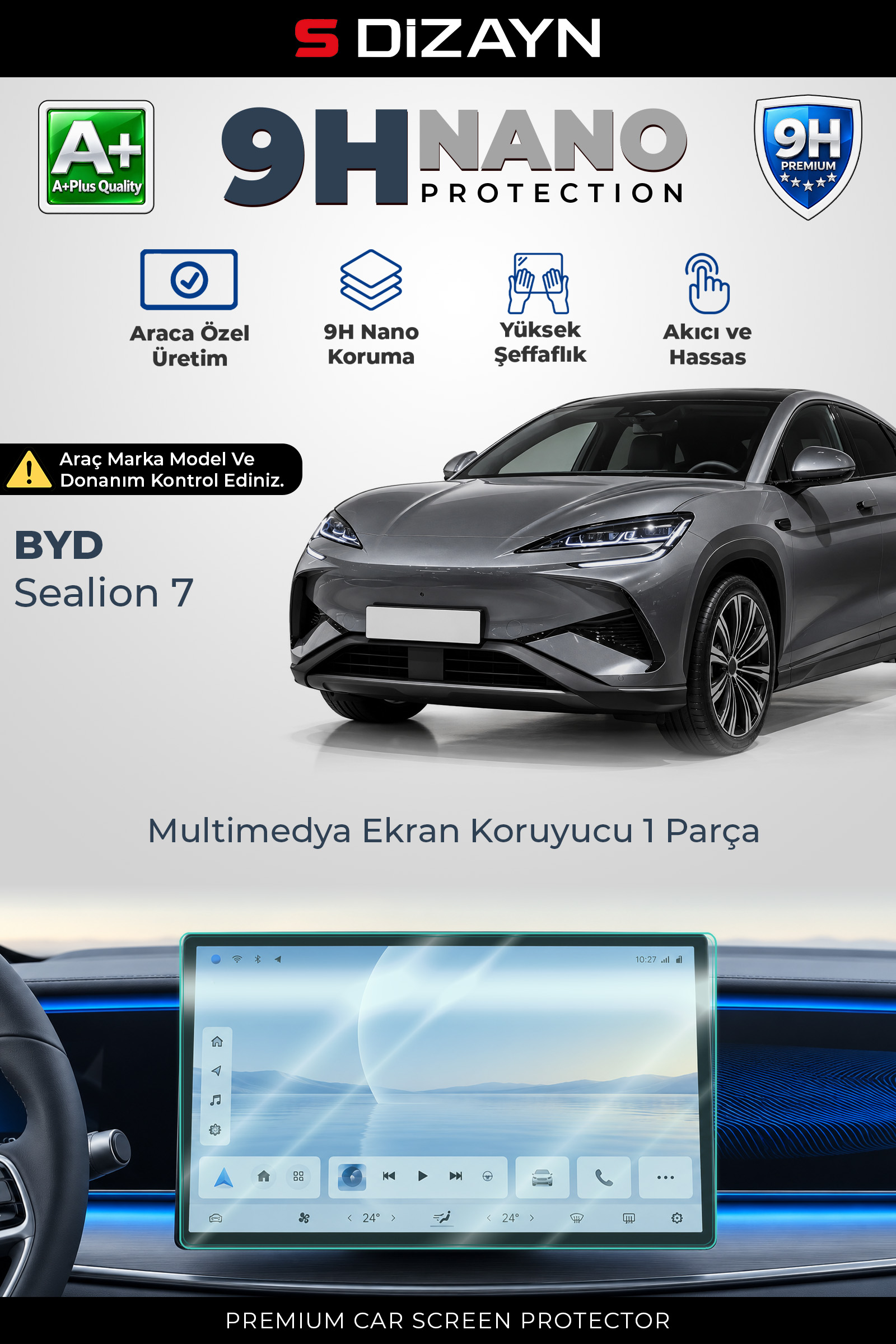 S-Dizayn BYD Sealion 7 15.6 İnç 9H Nano Multimedya Ekran Koruyucu (PARLAK) 2024 Üzeri A+ Kalite 1