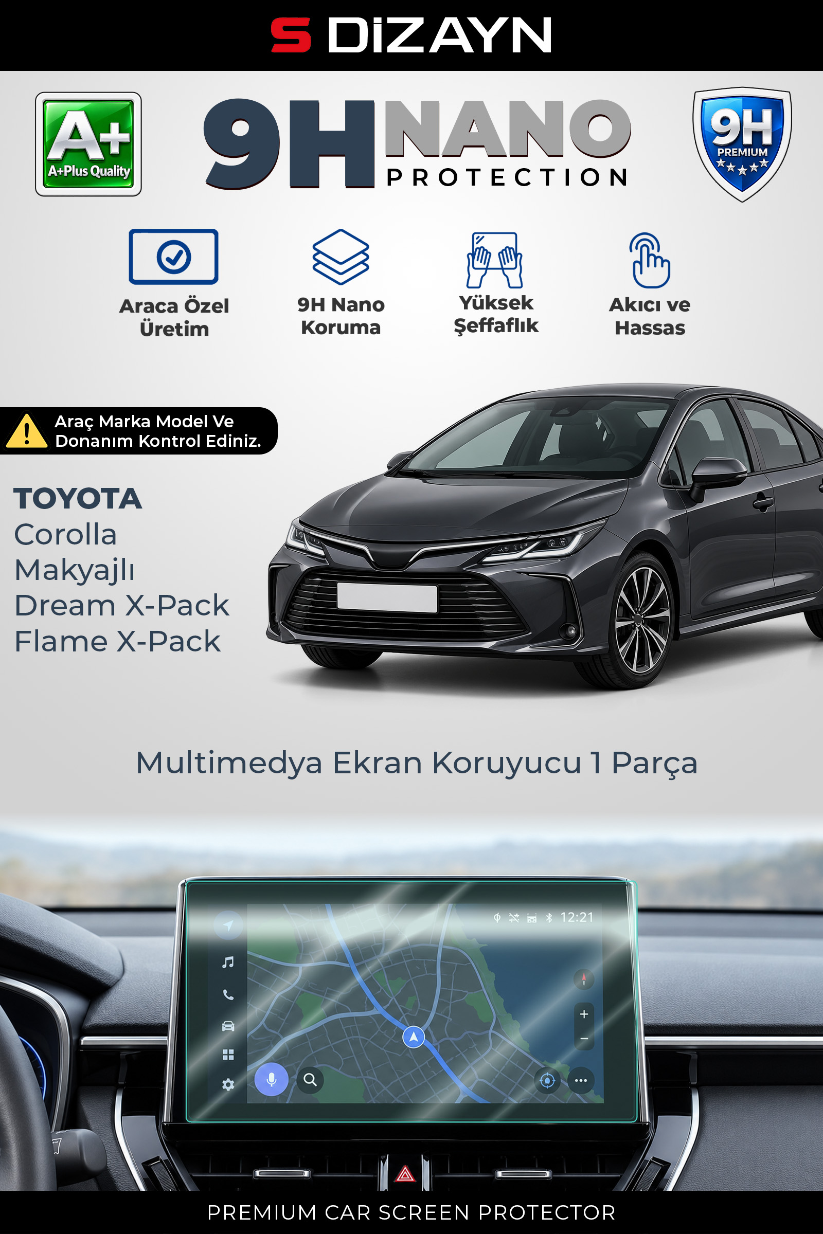 S-Dizayn Toyota Corolla Makyajlı Dream X-Pack ve Flame X-Pack 10.5 İnç 9H Nano Multimedya Ekran Koruyucu (PARLAK) 2022 Üzeri A+ Kalite 1