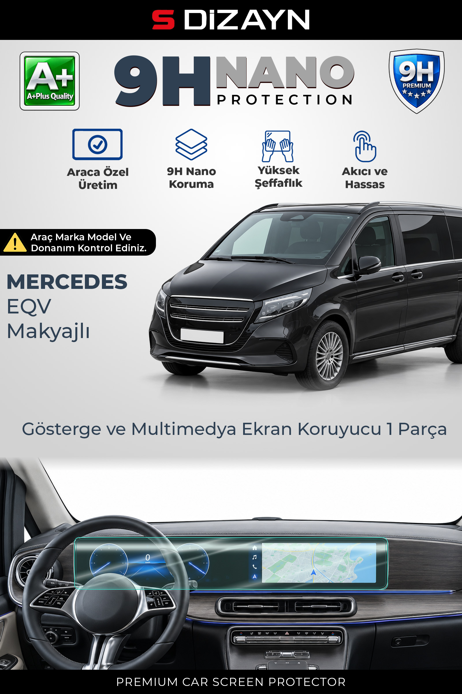 S-Dizayn Mercedes EQV Makyajlı 12.3 İnç 9H Nano Gösterge ve Multimedya Ekran Koruyucu 1 Parça (PARLAK) 2024 Üzeri A+ Kalite 1