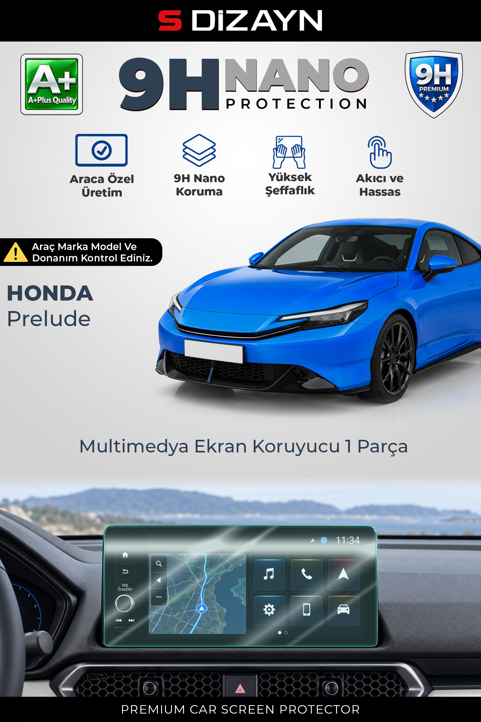 S-Dizayn Honda Prelude 9 İnç 9H Nano Multimedya Ekran Koruyucu (PARLAK) 2025 Üzeri A+ Kalite 1
