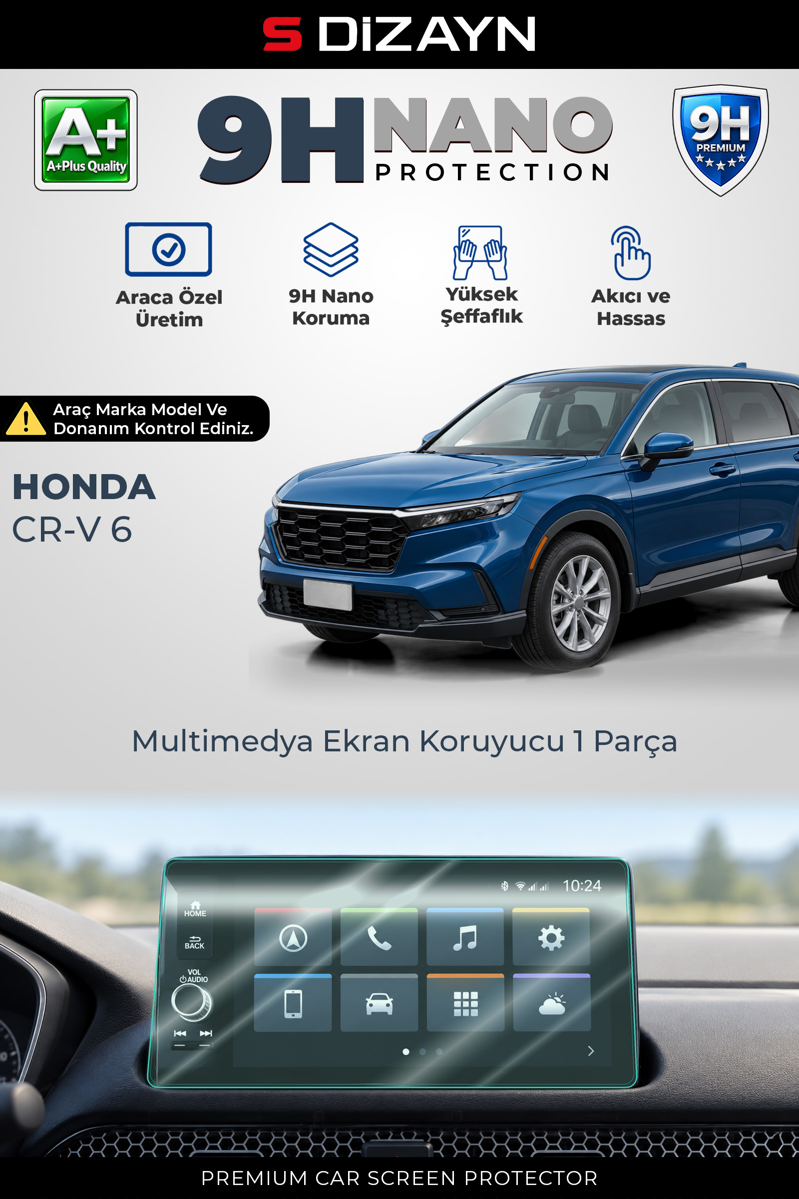 S-Dizayn Honda CR-V 6 9 İnç 9H Nano Multimedya Ekran Koruyucu (PARLAK) 2022 Üzeri A+ Kalite 1