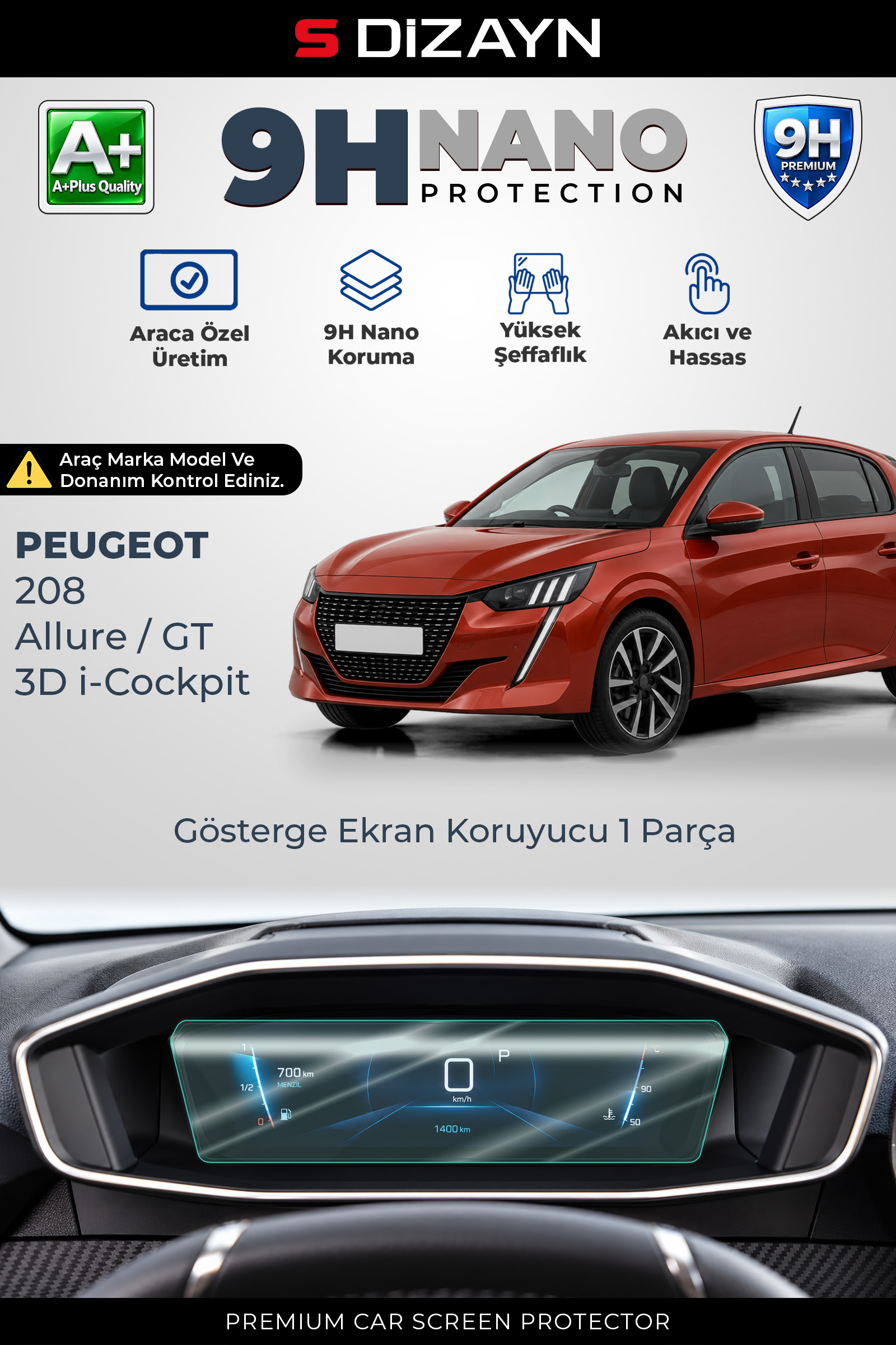 S-Dizayn Peugeot 208 Allure / GT 3D 9H Nano Gösterge Ekran Koruyucu (PARLAK) 2019-2023 A+ Kalite 1