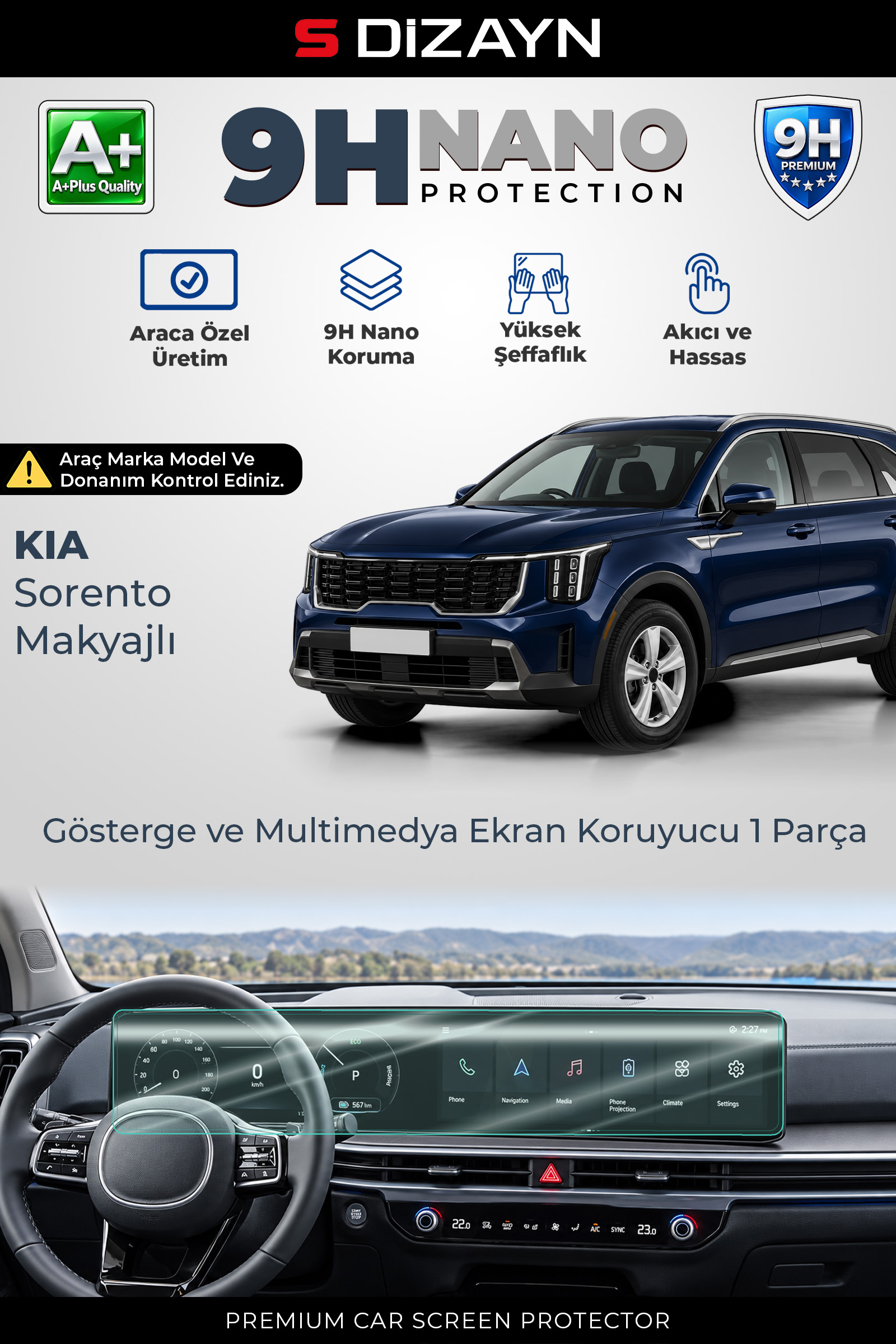 S-Dizayn Kia Sorento Makyajlı 12.3 İnç 9H Nano Gösterge ve Multimedya Ekran Koruyucu 1 Parça (PARLAK) 2023 Üzeri A+ Kalite 1