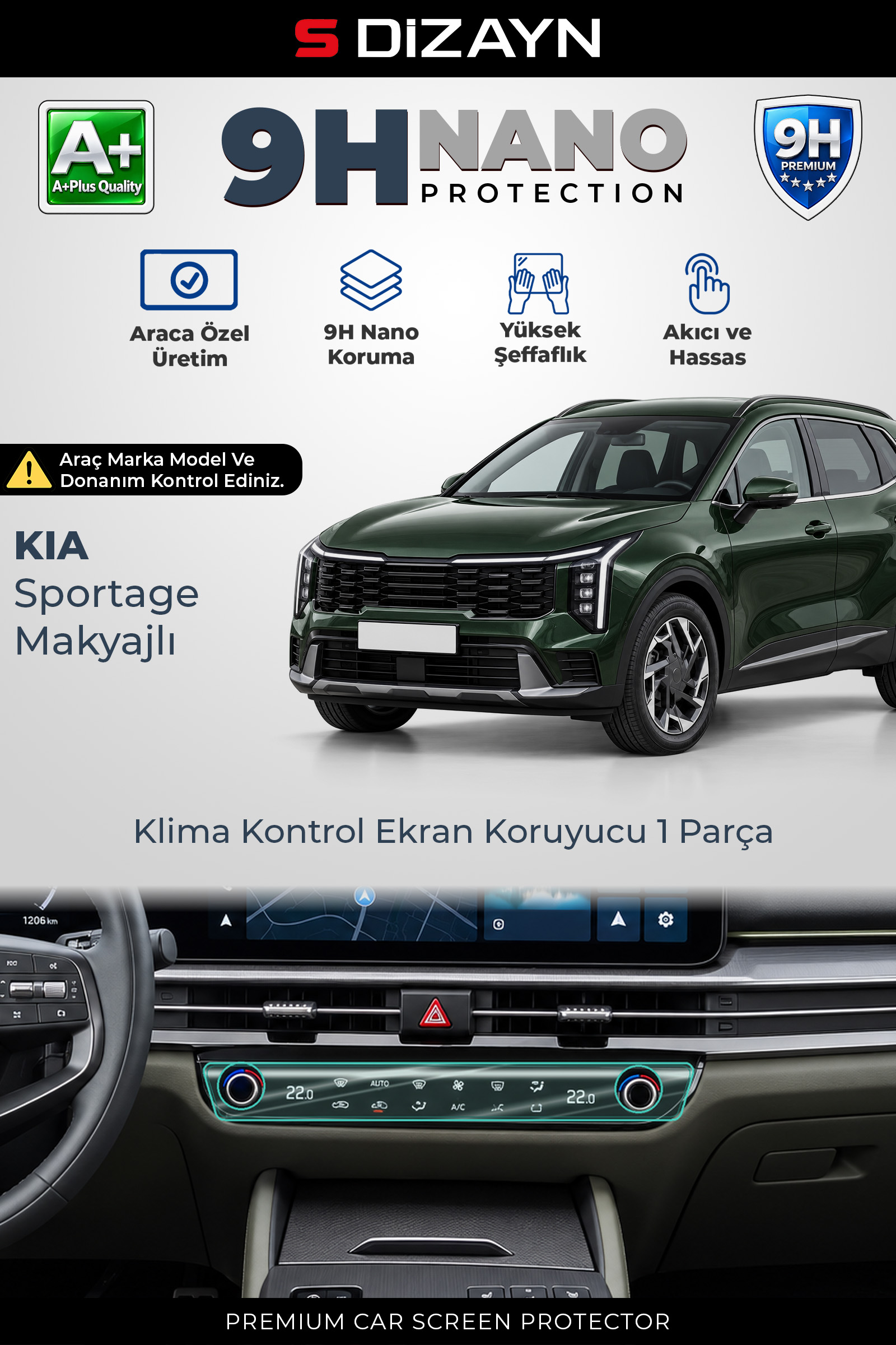 S-Dizayn Kia Sportage Makyajlı 9H Nano Klima Kontrol Ünitesi Ekran Koruyucu (PARLAK) 2024 Üzeri A+ Kalite 1