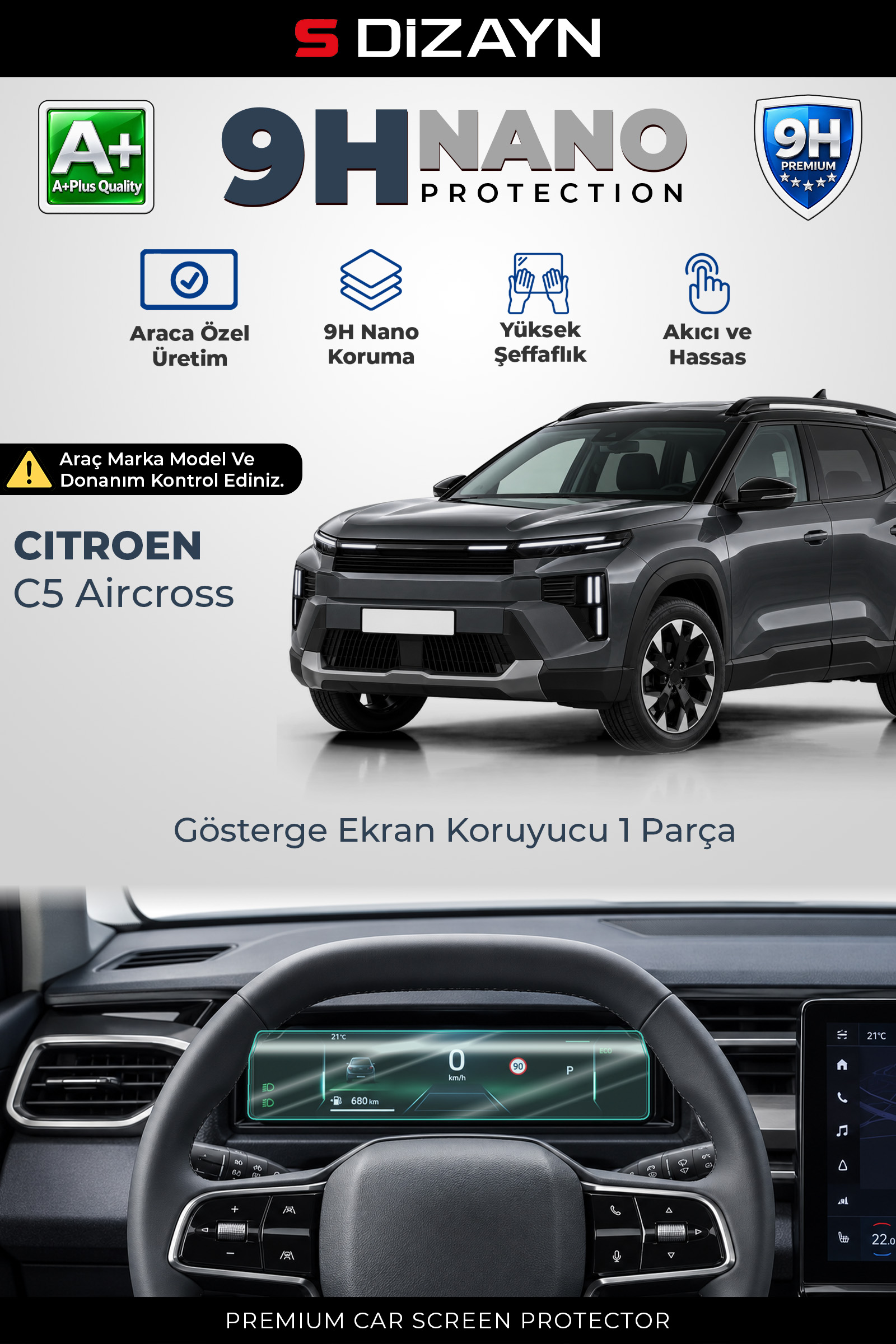 Citroen C5 Aircross 9H Nano Gösterge Ekran Koruyucu (PARLAK) 2026 Üzeri 1